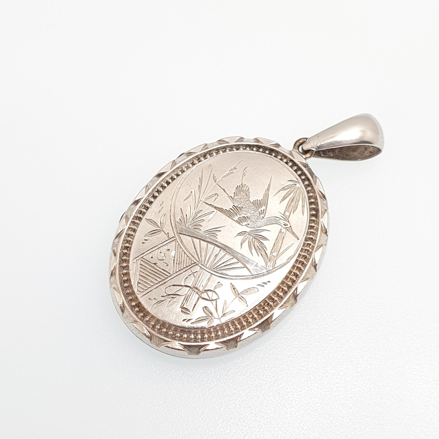 Antique Victorian Sterling Silver Locket Bird Engraved Geometric Pendant Picture Photo Etruscan Stepped Vintage Womens Jewelry Jewellery