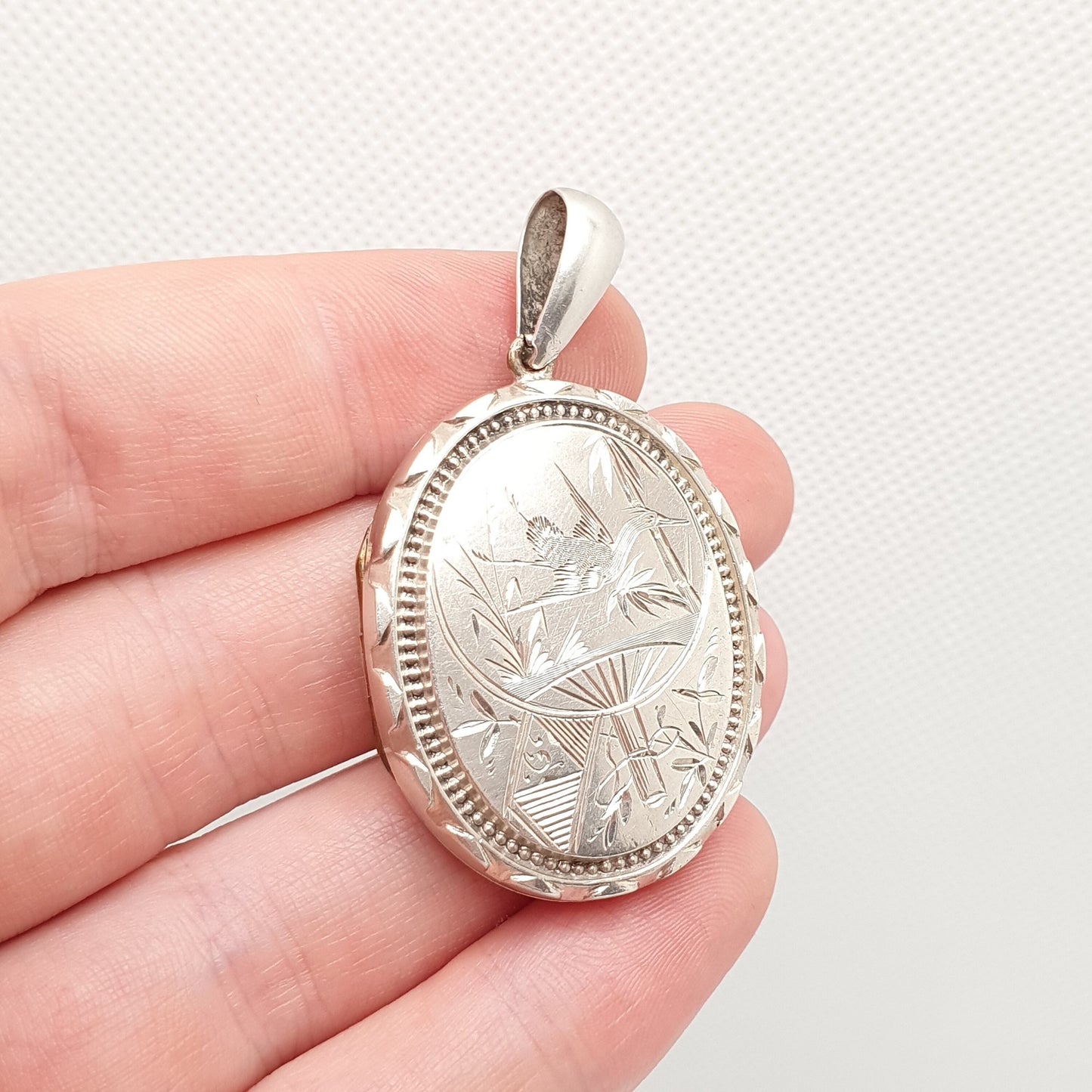Antique Victorian Sterling Silver Locket Bird Engraved Geometric Pendant Picture Photo Etruscan Stepped Vintage Womens Jewelry Jewellery