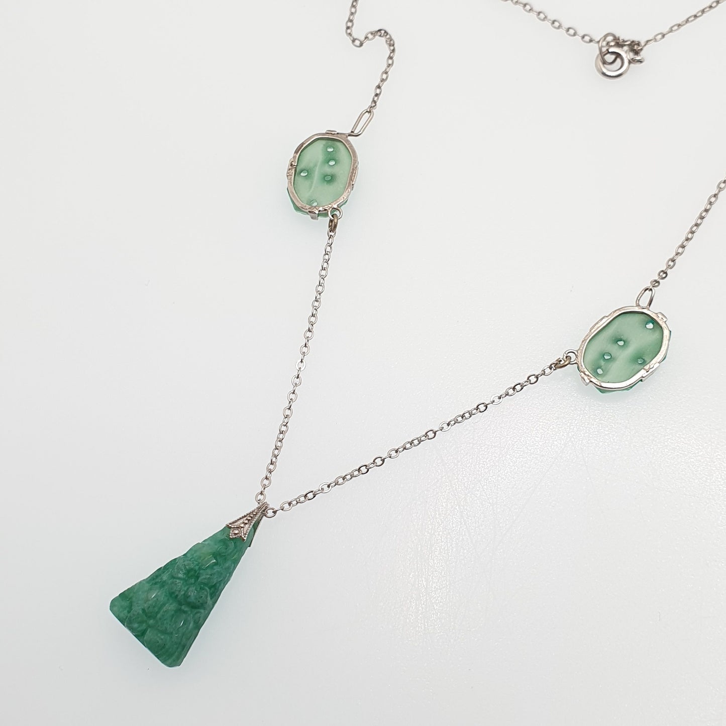 Antique Sterling Silver Peking Glass Jade Necklace Art Deco Lavalier 42cm 6.98g Pendant Vintage Solid 925 Womens Jewelry Jewellery