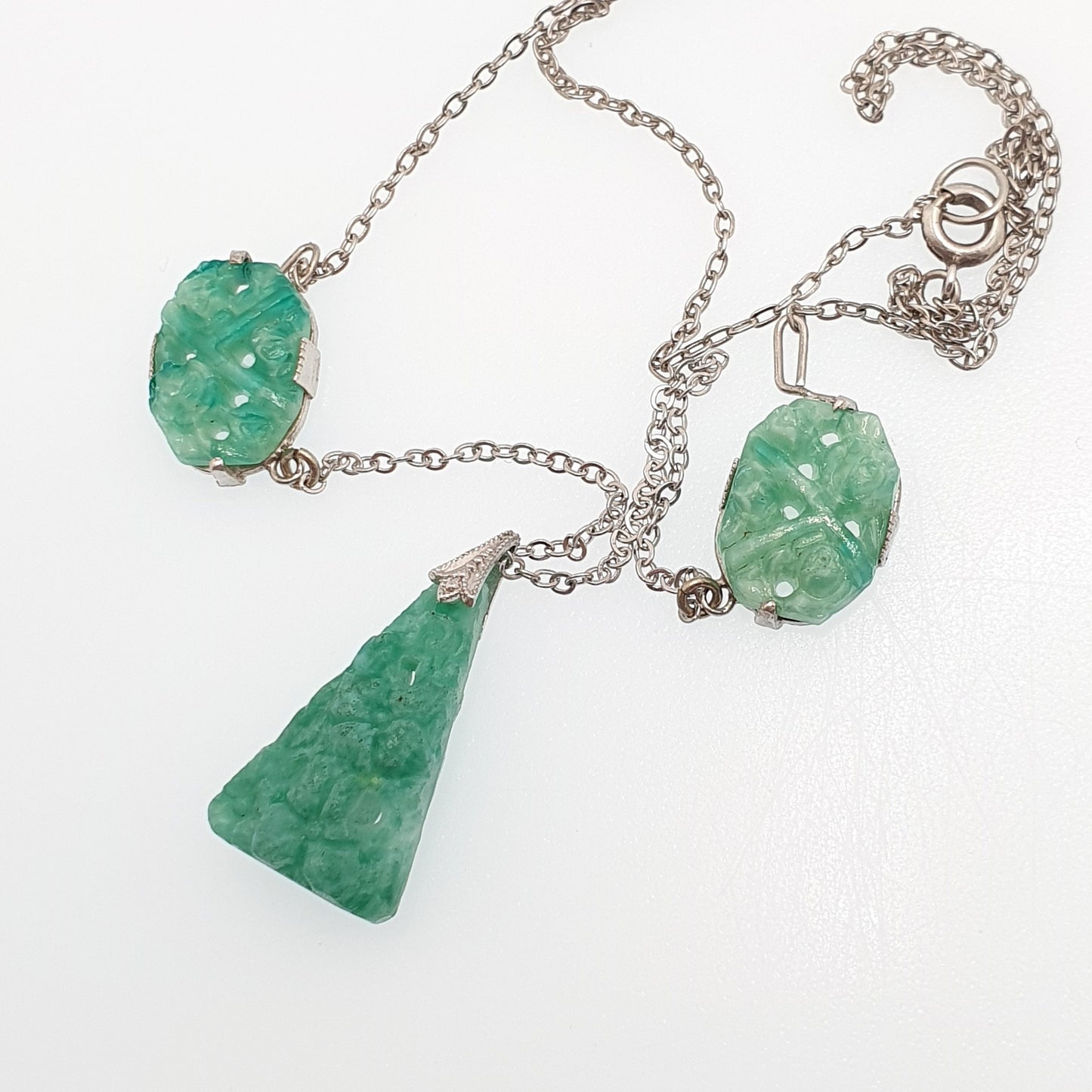 Antique Sterling Silver Peking Glass Jade Necklace Art Deco Lavalier 42cm 6.98g Pendant Vintage Solid 925 Womens Jewelry Jewellery