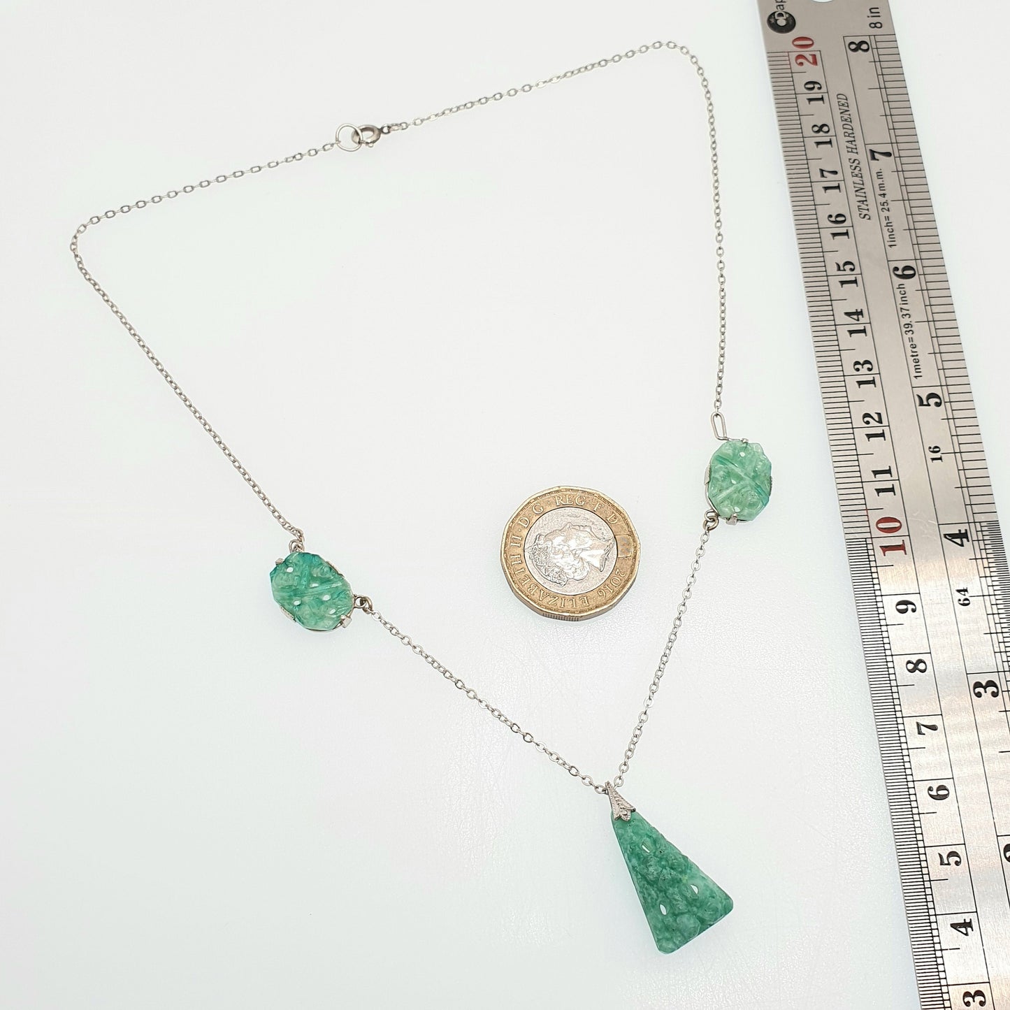 Antique Sterling Silver Peking Glass Jade Necklace Art Deco Lavalier 42cm 6.98g Pendant Vintage Solid 925 Womens Jewelry Jewellery