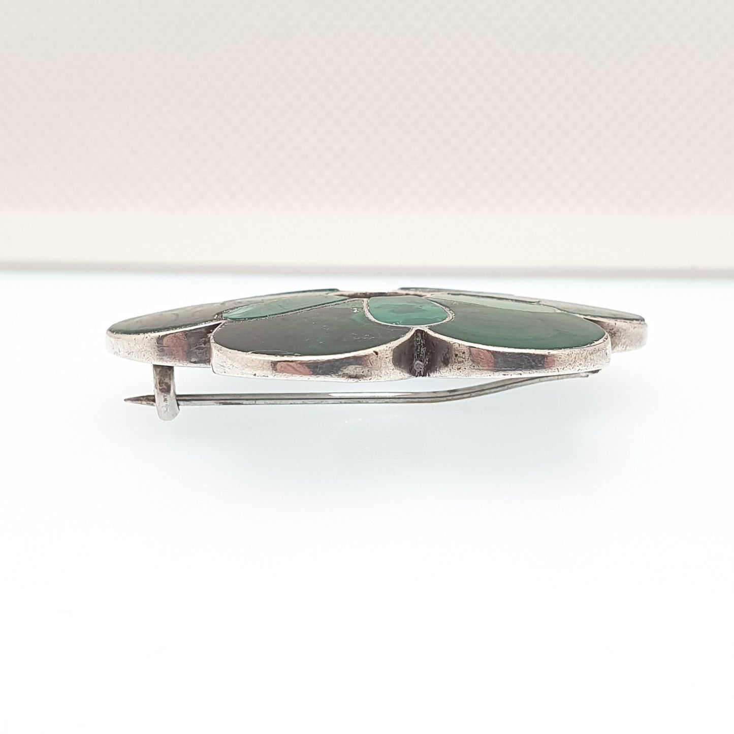 Antique Victorian Malachite Solid Silver Brooch Scottish Style Large Big Flower Big Banded Green Gemstone Vintage Womens Jewelry Jewellery