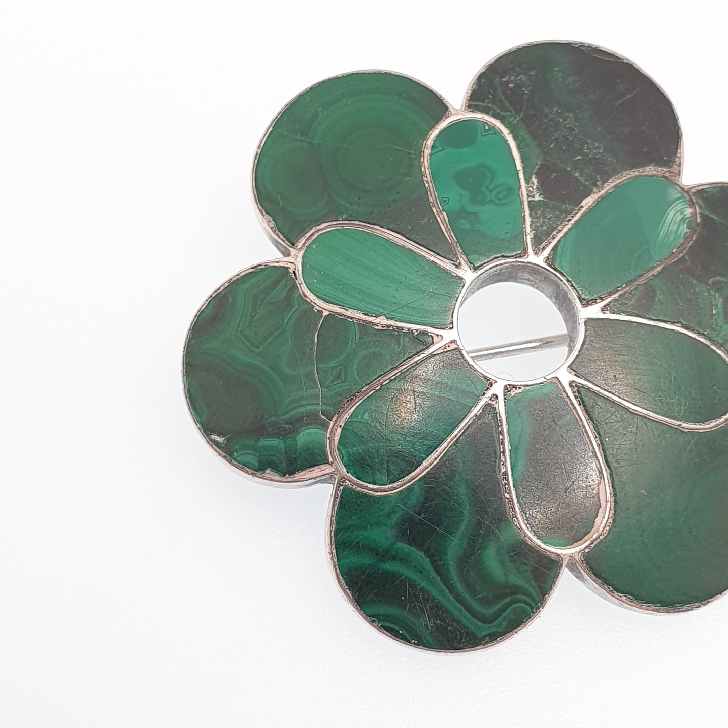 Antique Victorian Malachite Solid Silver Brooch Scottish Style Large Big Flower Big Banded Green Gemstone Vintage Womens Jewelry Jewellery
