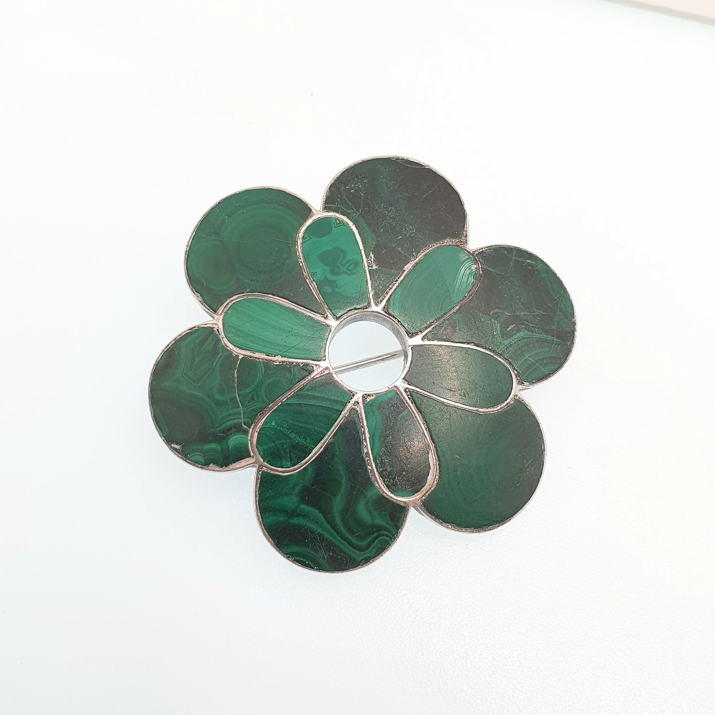 Antique Victorian Malachite Solid Silver Brooch Scottish Style Large Big Flower Big Banded Green Gemstone Vintage Womens Jewelry Jewellery