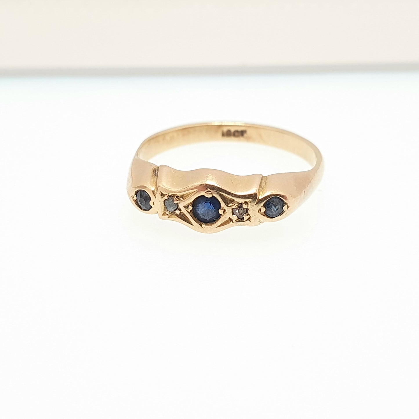 Antique Sapphire & Diamond Ring 18k 18ct Solid Gold 750 Victorian Five Gemstone Old Cut Womens Estate Genuine Vintage Jewelry Jewellery