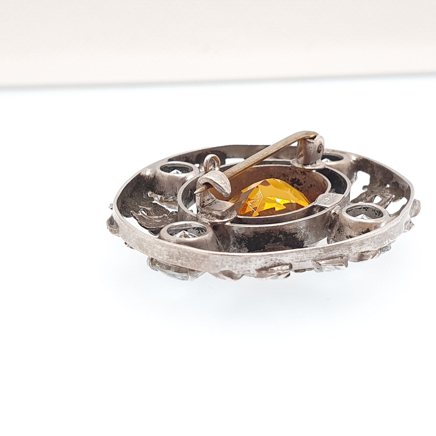Antique Solid Silver Citrine Paste Brooch Bernard Instone Style Diamond Pastes Art Nouveau Large Big Flower Oval Cut Vintage Jewelry