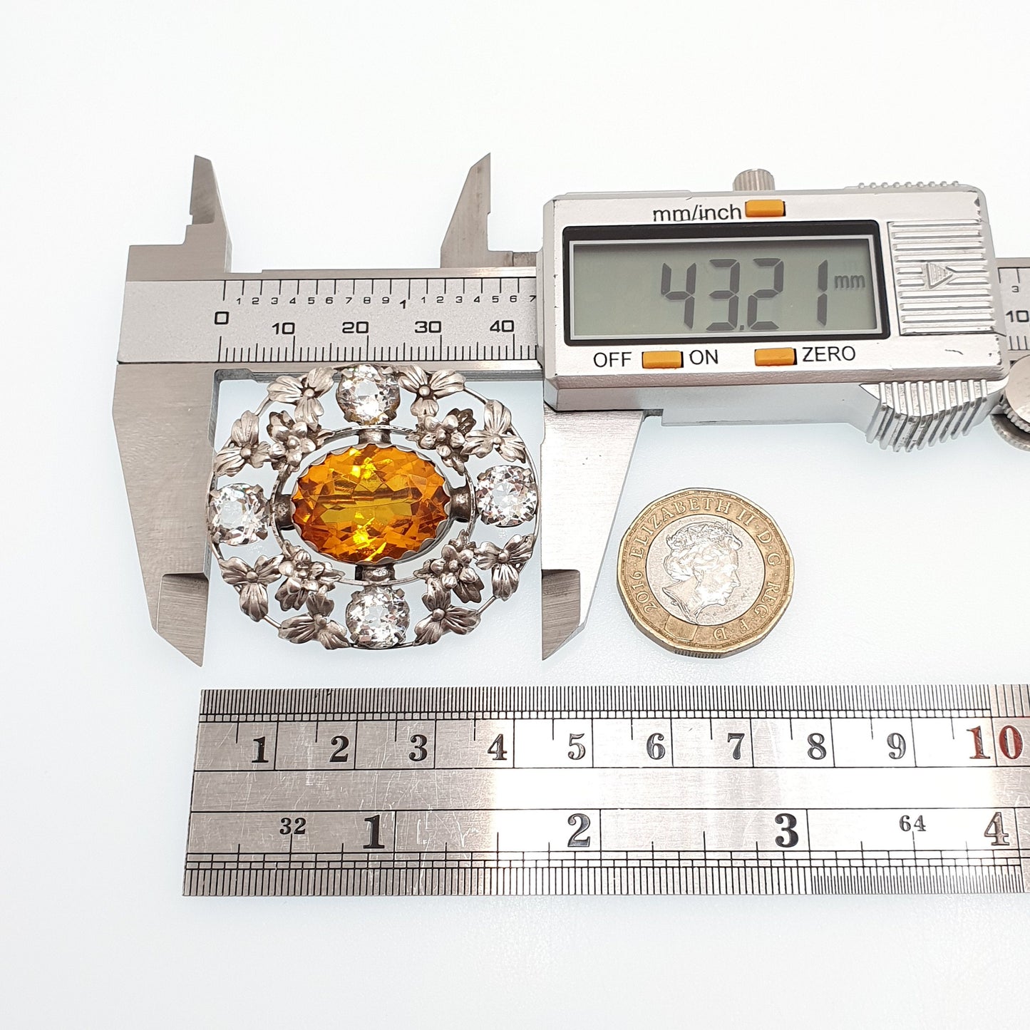 Antique Solid Silver Citrine Paste Brooch Bernard Instone Style Diamond Pastes Art Nouveau Large Big Flower Oval Cut Vintage Jewelry