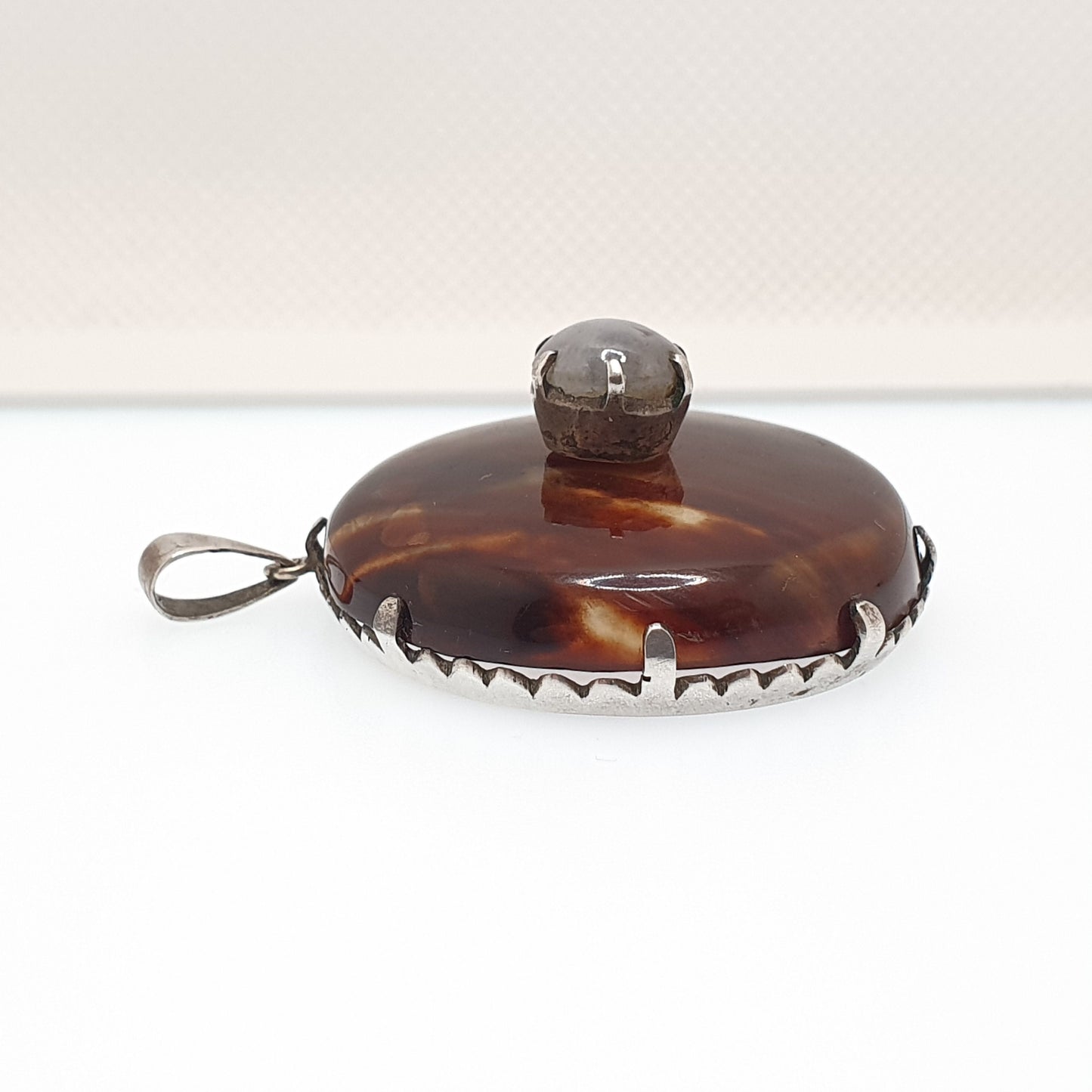 Antique Moonstone Pendant Necklace Faux Pique Large Big Genuine Gemstone Centre 1800s Vintage Women Ladies Jewelry Jewellery