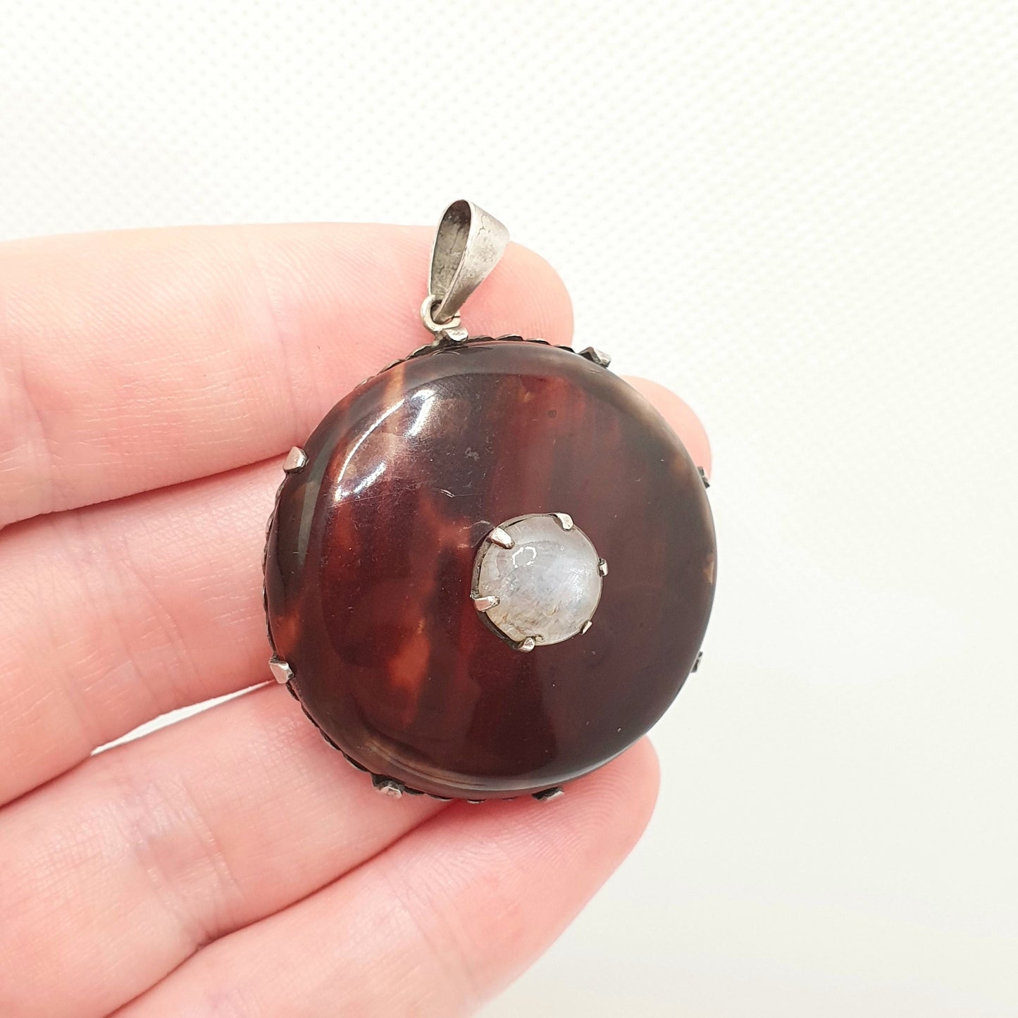 Antique Moonstone Pendant Necklace Faux Pique Large Big Genuine Gemstone Centre 1800s Vintage Women Ladies Jewelry Jewellery