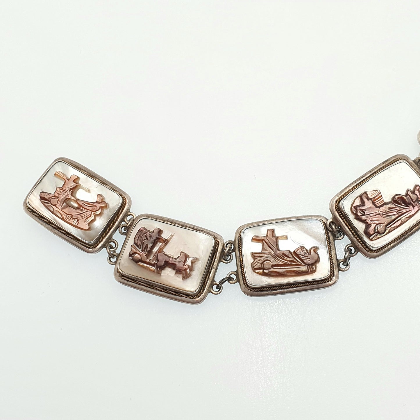 Antique Solid Silver Cameo Bracelet Abalone Art Deco Vintage 1920s Shell Hand Carved Handmade Artisan Womens Italian Jewelry Jewellery