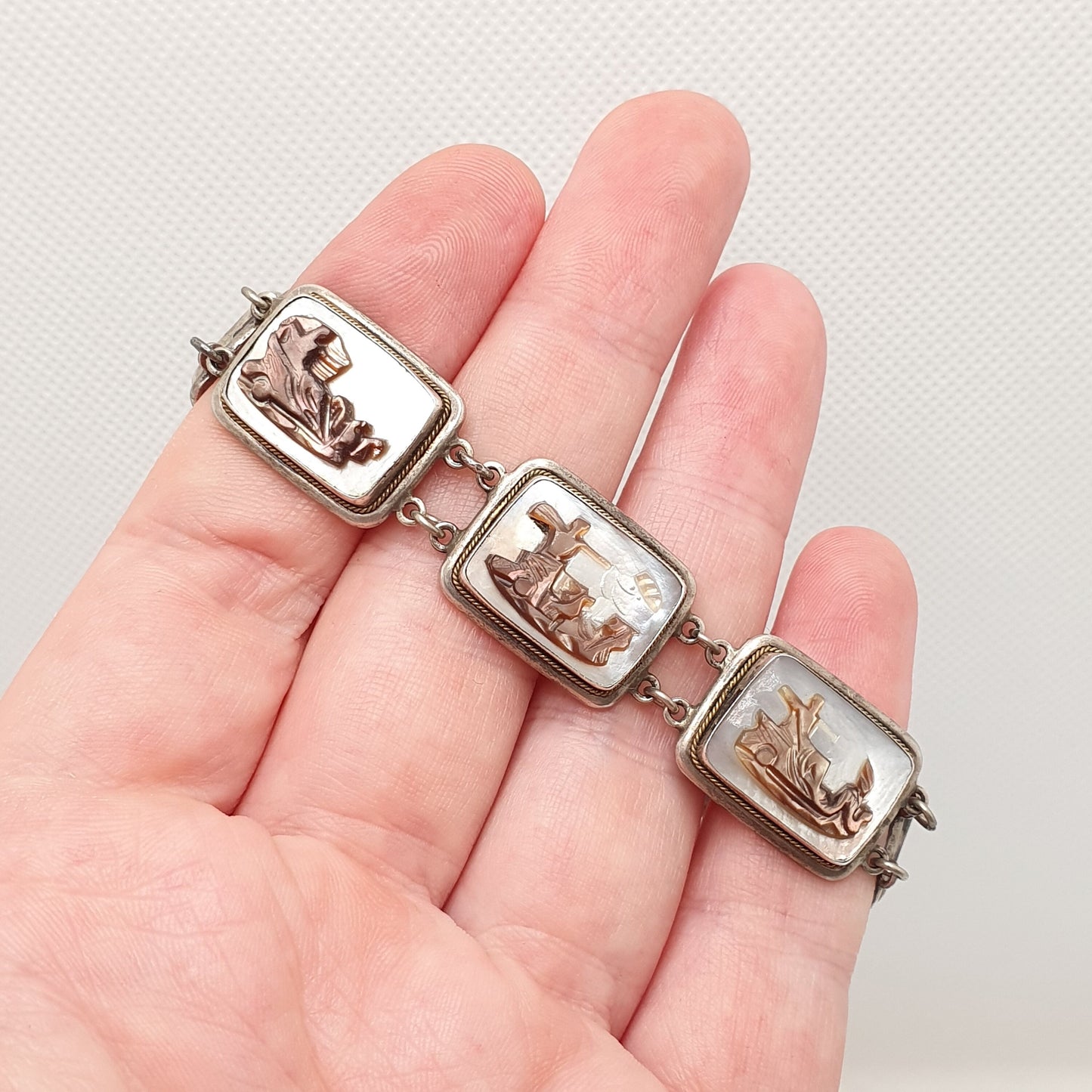 Antique Solid Silver Cameo Bracelet Abalone Art Deco Vintage 1920s Shell Hand Carved Handmade Artisan Womens Italian Jewelry Jewellery