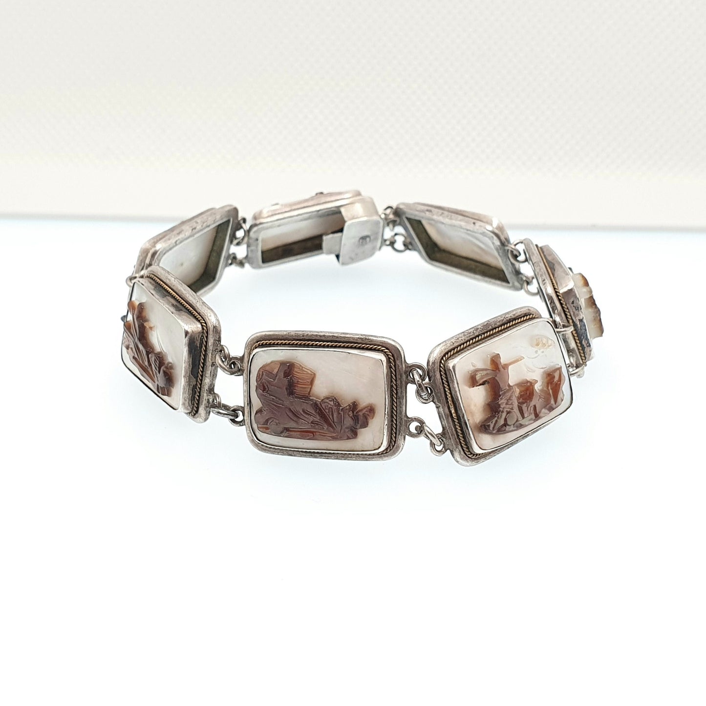 Antique Solid Silver Cameo Bracelet Abalone Art Deco Vintage 1920s Shell Hand Carved Handmade Artisan Womens Italian Jewelry Jewellery