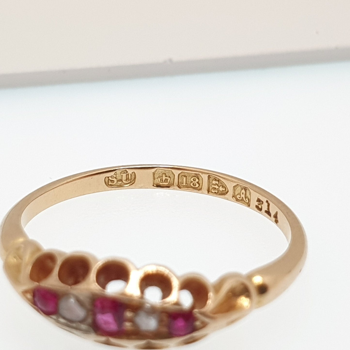 Antique 18ct 18k Gold Ruby & Diamond Ring Solid 750 1908 Hallmarked Edwardian 5 Stone Gypsy Fine Estate Art Nouveau Womens Jewelry Jewellery