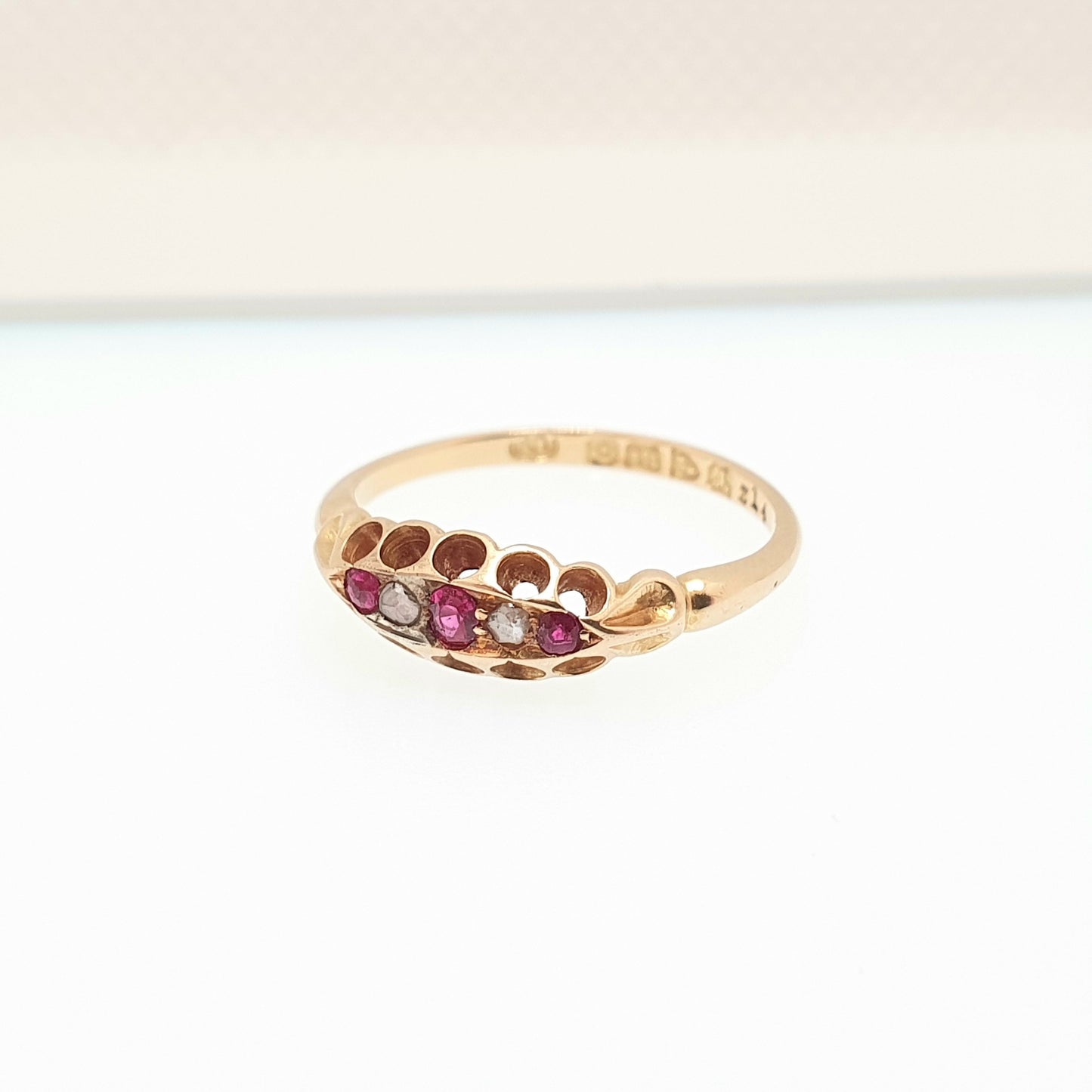 Antique 18ct 18k Gold Ruby & Diamond Ring Solid 750 1908 Hallmarked Edwardian 5 Stone Gypsy Fine Estate Art Nouveau Womens Jewelry Jewellery