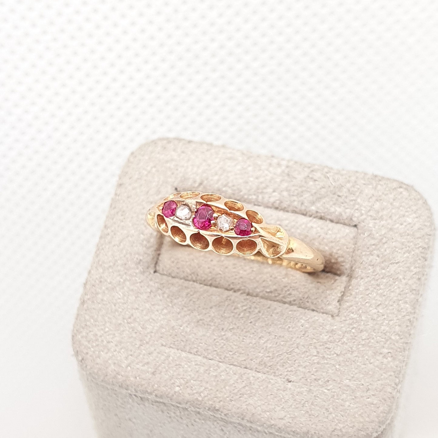 Antique 18ct 18k Gold Ruby & Diamond Ring Solid 750 1908 Hallmarked Edwardian 5 Stone Gypsy Fine Estate Art Nouveau Womens Jewelry Jewellery