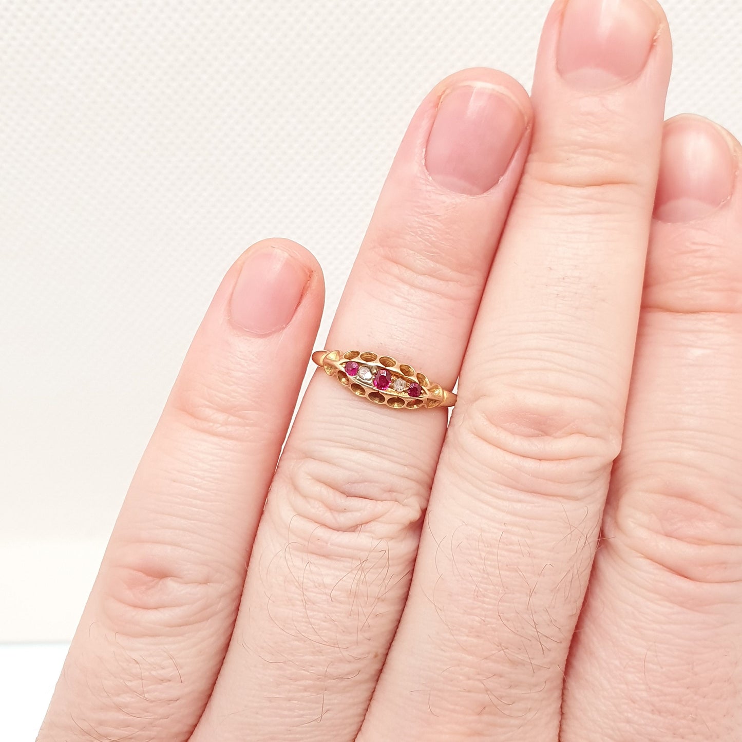 Antique 18ct 18k Gold Ruby & Diamond Ring Solid 750 1908 Hallmarked Edwardian 5 Stone Gypsy Fine Estate Art Nouveau Womens Jewelry Jewellery