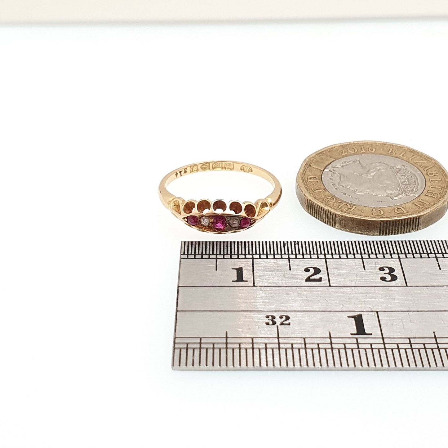 Antique 18ct 18k Gold Ruby & Diamond Ring Solid 750 1908 Hallmarked Edwardian 5 Stone Gypsy Fine Estate Art Nouveau Womens Jewelry Jewellery
