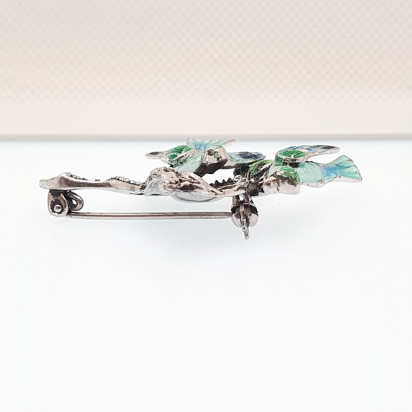 Old Vintage Solid Silver Enamel Bird Brooch Pair of Birds Nest Marcasite Art Deco Style Songbird Solid 925 Unisex Ladies Womens Jewelry