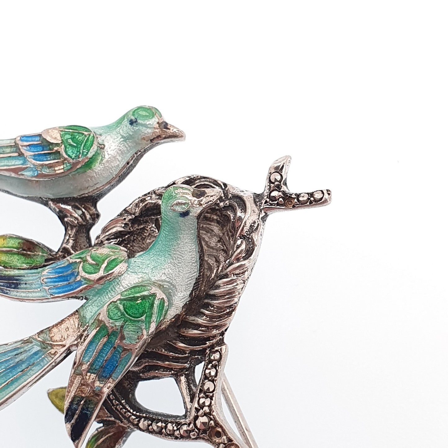Old Vintage Solid Silver Enamel Bird Brooch Pair of Birds Nest Marcasite Art Deco Style Songbird Solid 925 Unisex Ladies Womens Jewelry