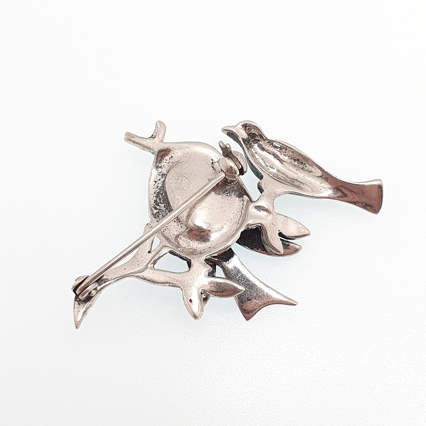 Old Vintage Solid Silver Enamel Bird Brooch Pair of Birds Nest Marcasite Art Deco Style Songbird Solid 925 Unisex Ladies Womens Jewelry