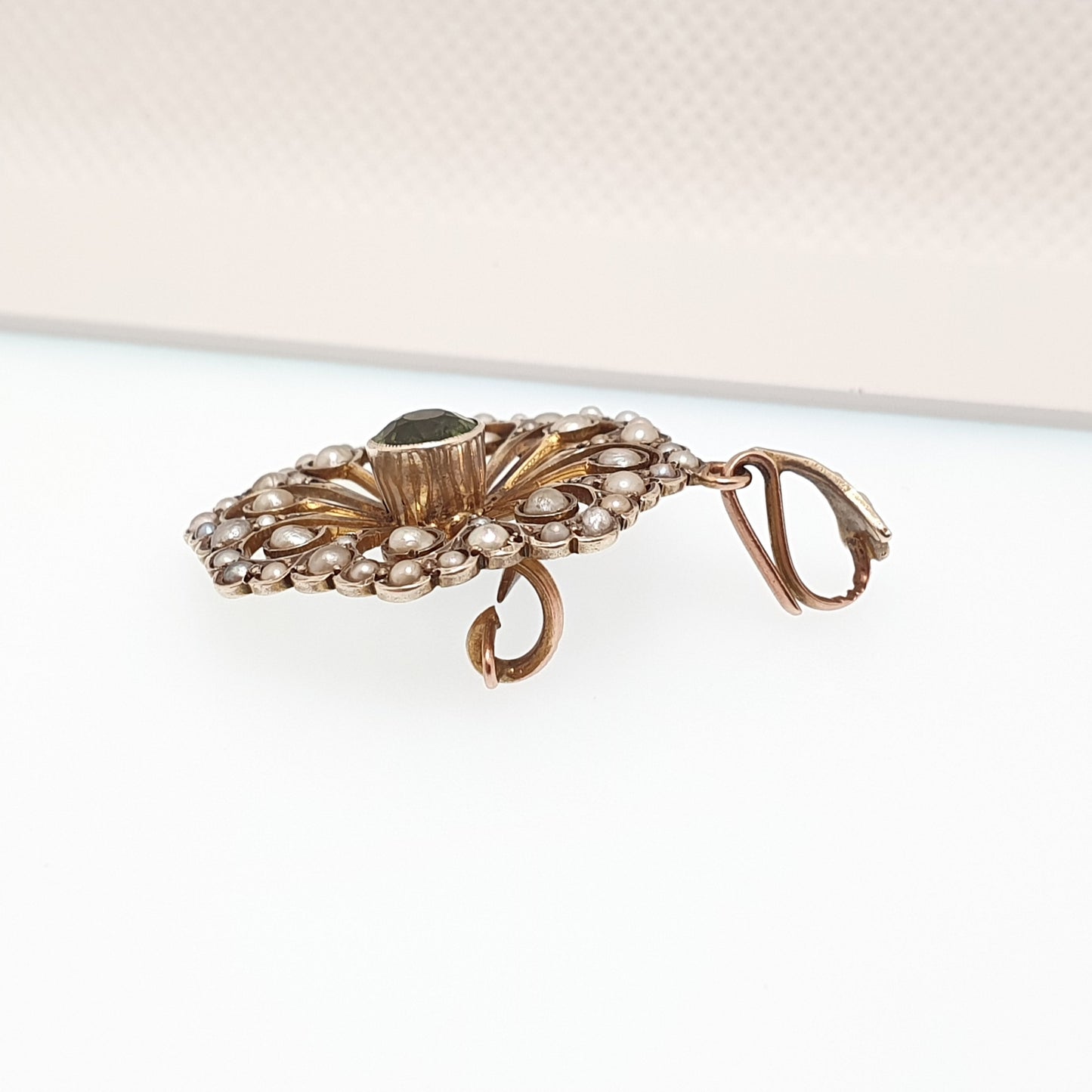 Antique 9k 9ct Gold Peridot Olivine Necklace Pendant Brooch Seed Pearl Flower Art Nouveau Edwardian Solid 375 Elegant Jewelry Jewellery