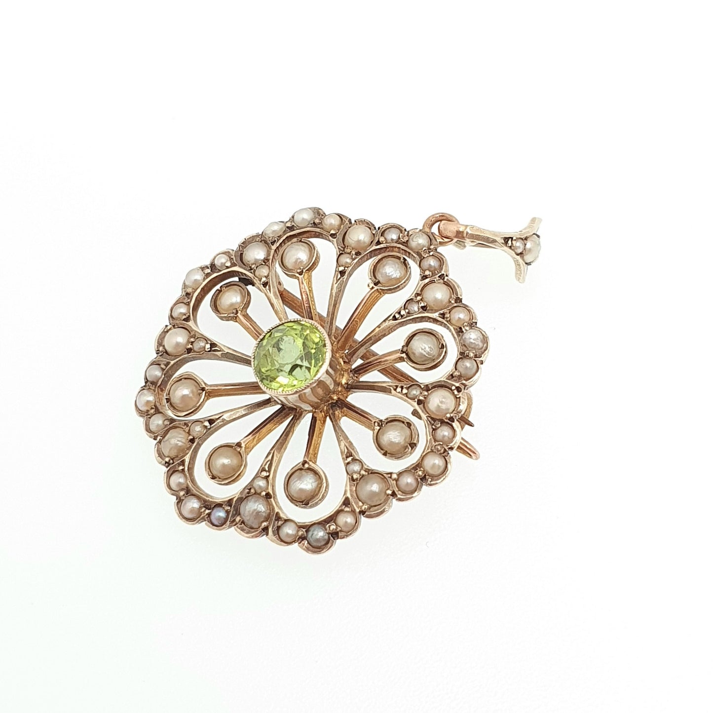 Antique 9k 9ct Gold Peridot Olivine Necklace Pendant Brooch Seed Pearl Flower Art Nouveau Edwardian Solid 375 Elegant Jewelry Jewellery