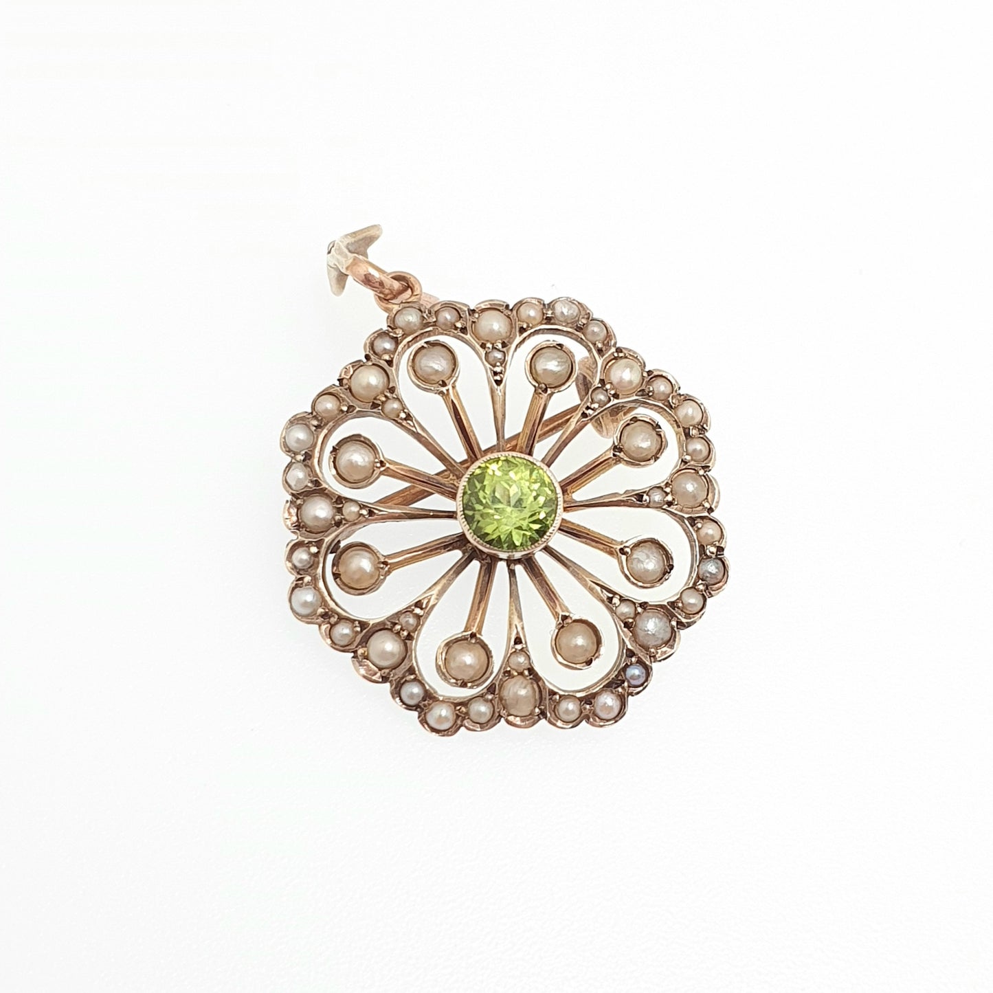 Antique 9k 9ct Gold Peridot Olivine Necklace Pendant Brooch Seed Pearl Flower Art Nouveau Edwardian Solid 375 Elegant Jewelry Jewellery