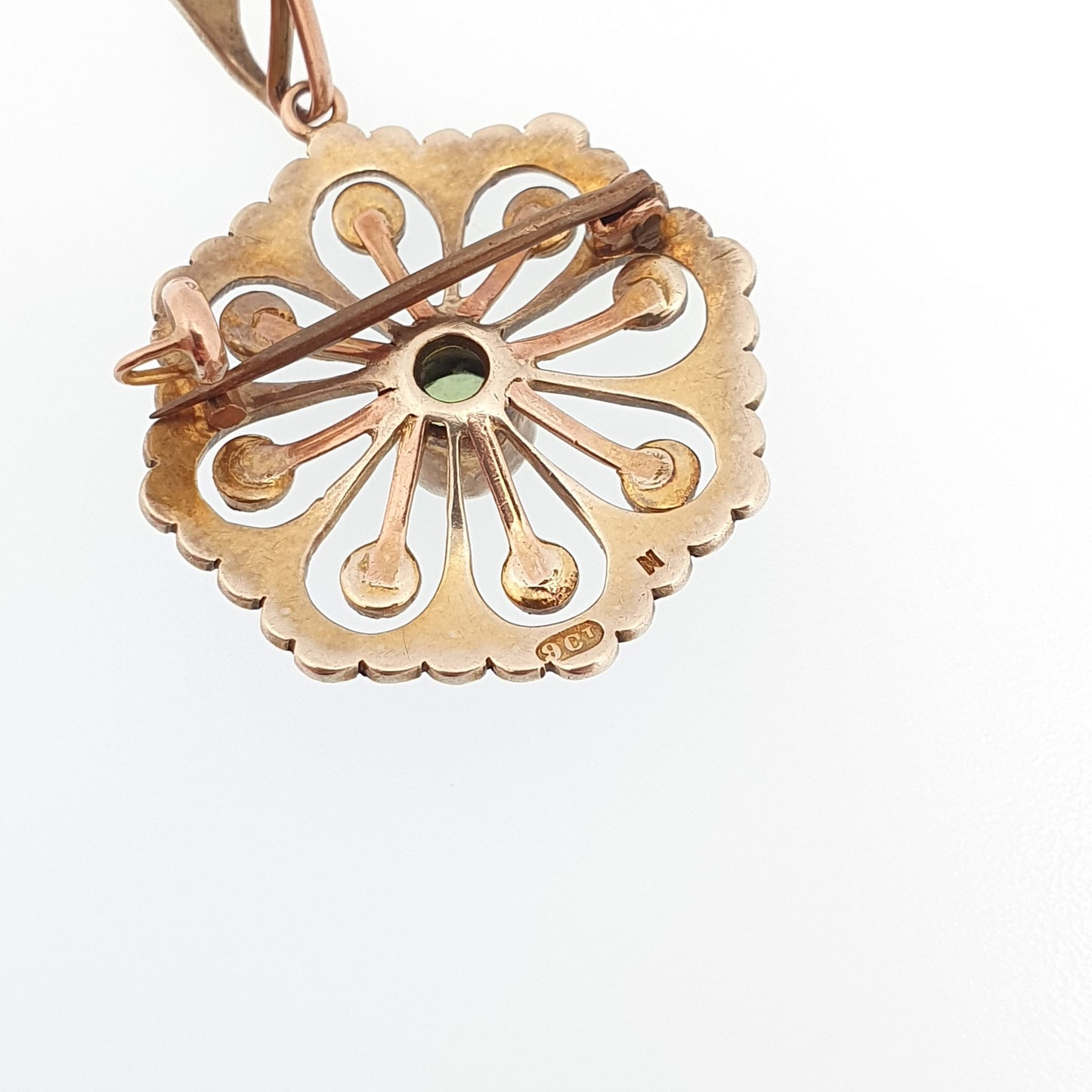 Antique 9k 9ct Gold Peridot Olivine Necklace Pendant Brooch Seed Pearl Flower Art Nouveau Edwardian Solid 375 Elegant Jewelry Jewellery