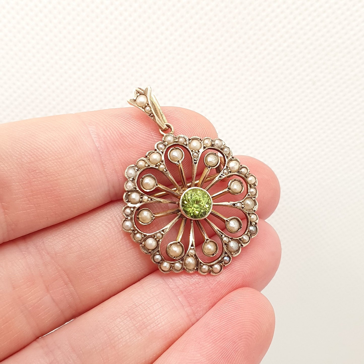 Antique 9k 9ct Gold Peridot Olivine Necklace Pendant Brooch Seed Pearl Flower Art Nouveau Edwardian Solid 375 Elegant Jewelry Jewellery
