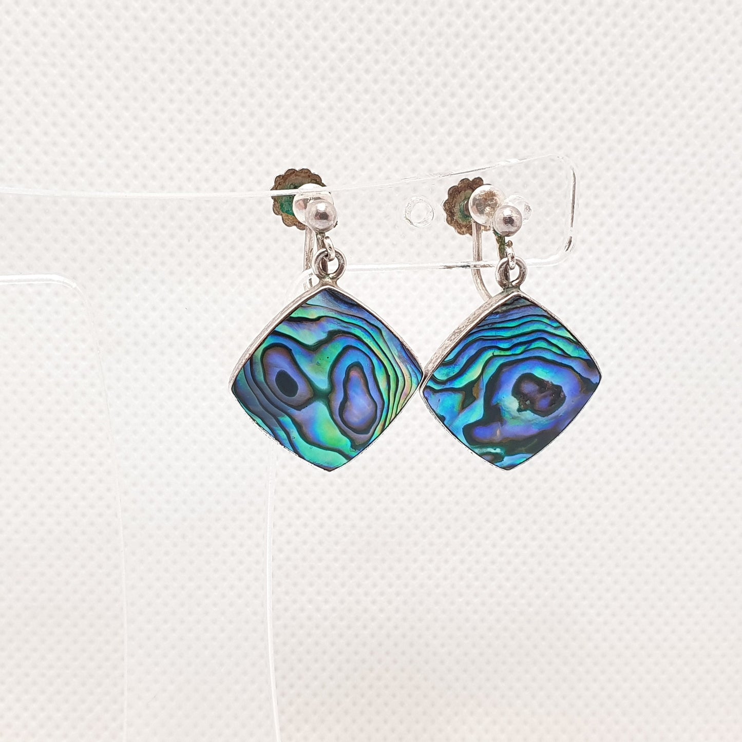 Old Vintage Sterling Silver Abalone Earrings Rainbow Shell Kiwi New Zealand Hanging Square Drop Womens Ladies Jewelry Retro Jewellery