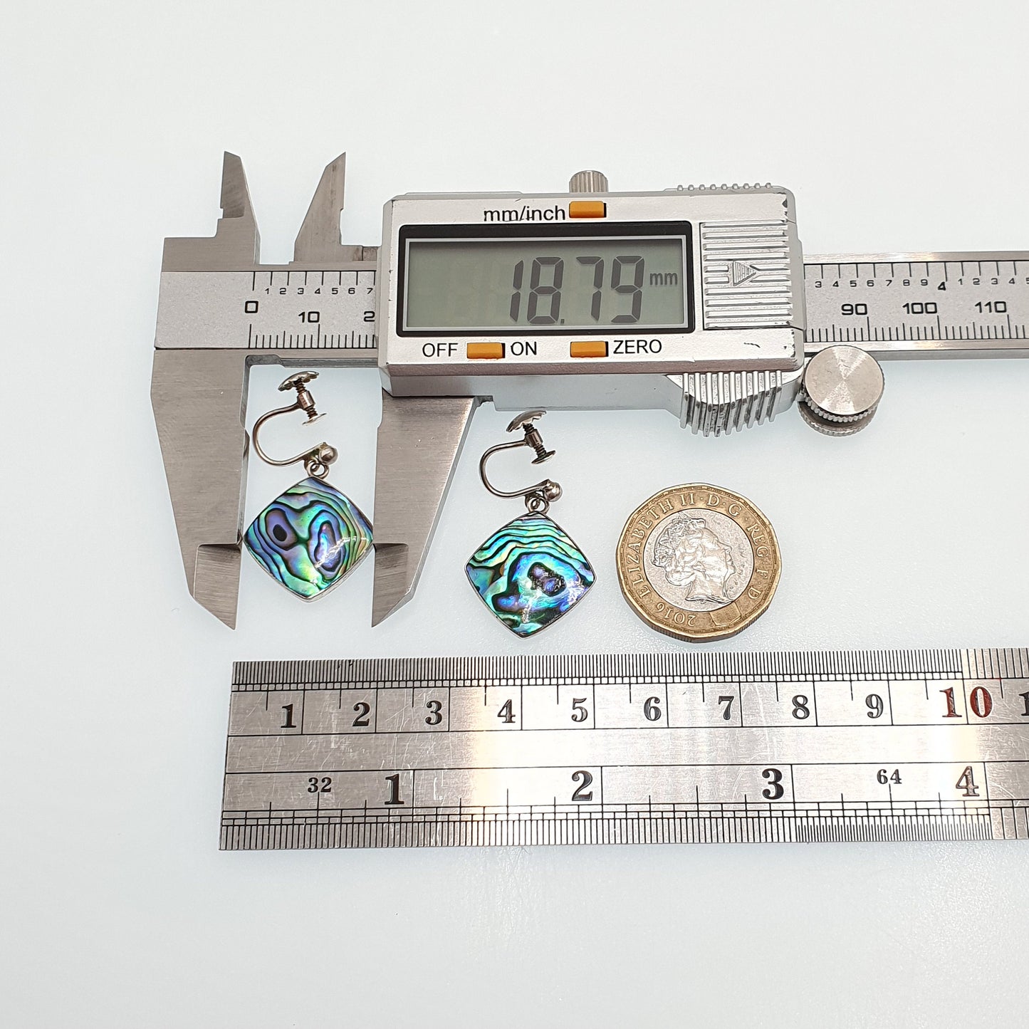 Old Vintage Sterling Silver Abalone Earrings Rainbow Shell Kiwi New Zealand Hanging Square Drop Womens Ladies Jewelry Retro Jewellery