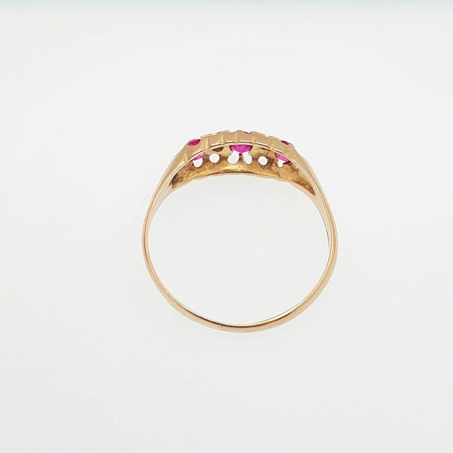 Antique 18ct 18k Gold Ruby & Diamond Ring Vintage Solid 750 Gypsy Trilogy 3 Stone Gemstone Yellow Art Nouveau Womens Jewelry Jewellery
