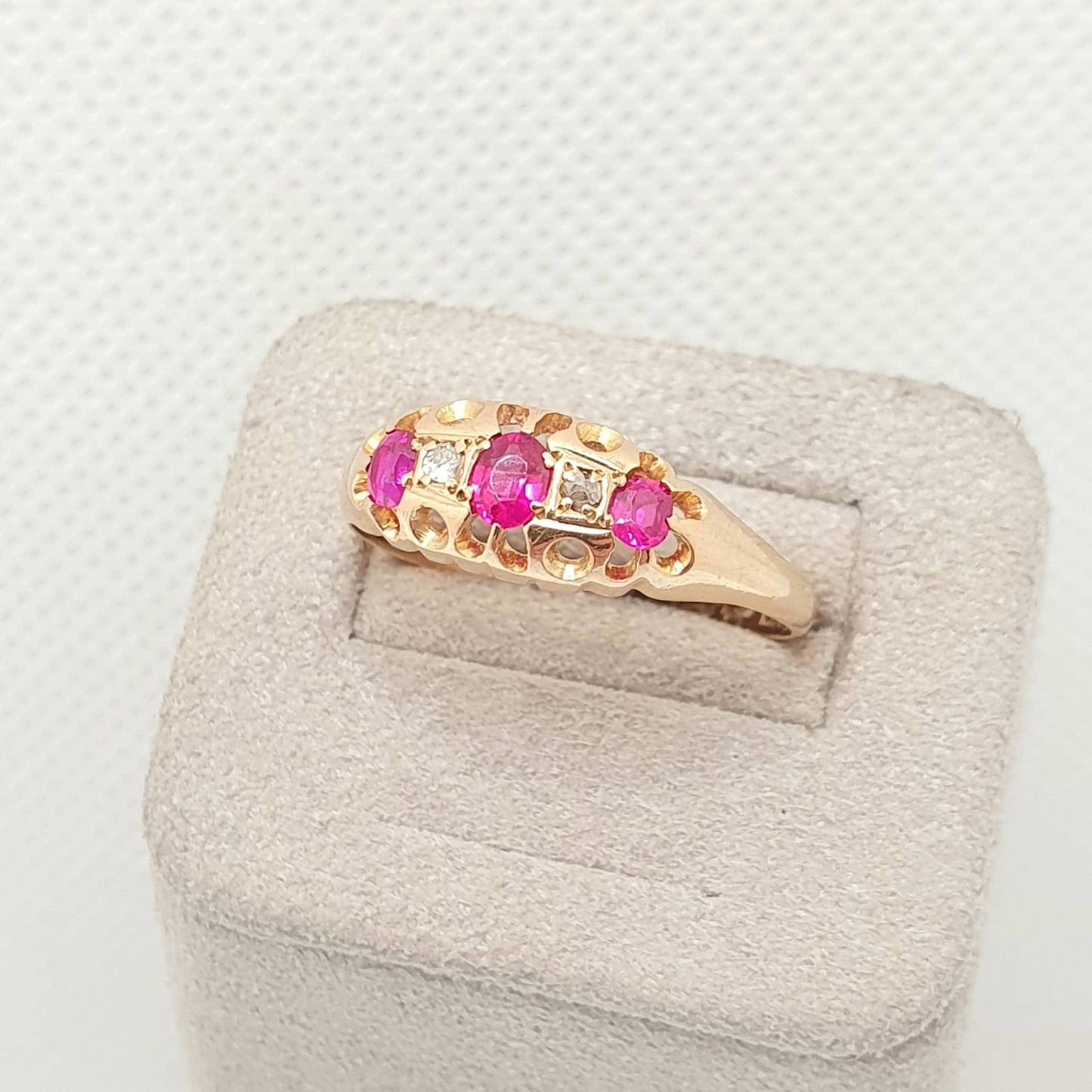 Antique 18ct 18k Gold Ruby & Diamond Ring Vintage Solid 750 Gypsy Trilogy 3 Stone Gemstone Yellow Art Nouveau Womens Jewelry Jewellery