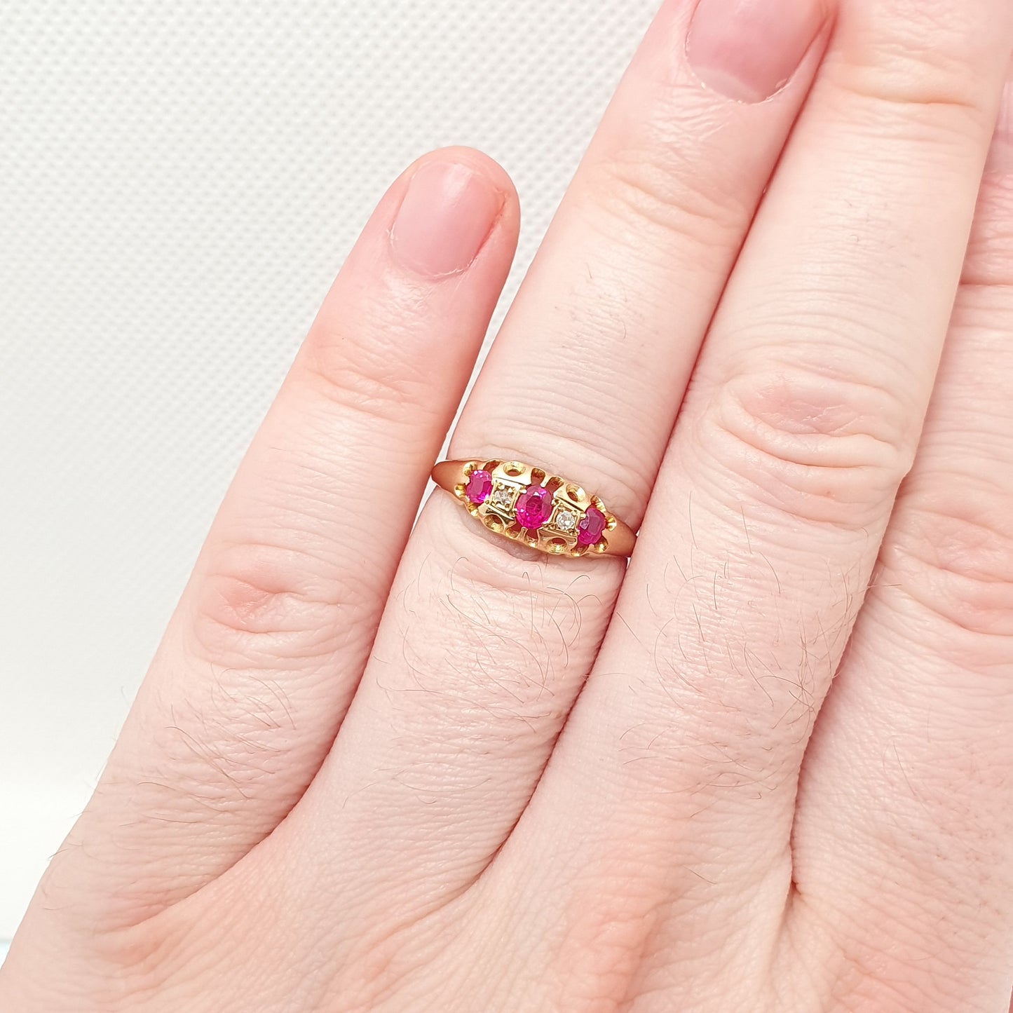 Antique 18ct 18k Gold Ruby & Diamond Ring Vintage Solid 750 Gypsy Trilogy 3 Stone Gemstone Yellow Art Nouveau Womens Jewelry Jewellery