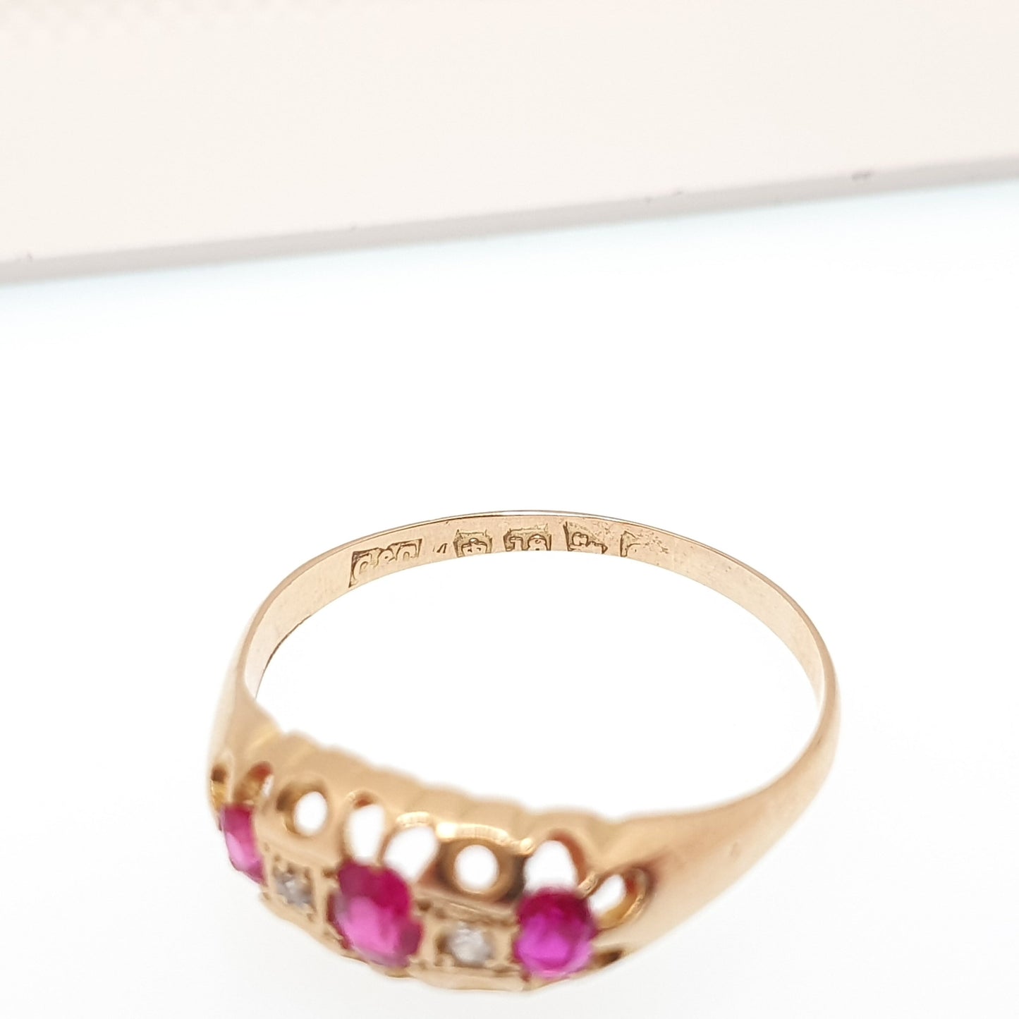 Antique 18ct 18k Gold Ruby & Diamond Ring Vintage Solid 750 Gypsy Trilogy 3 Stone Gemstone Yellow Art Nouveau Womens Jewelry Jewellery
