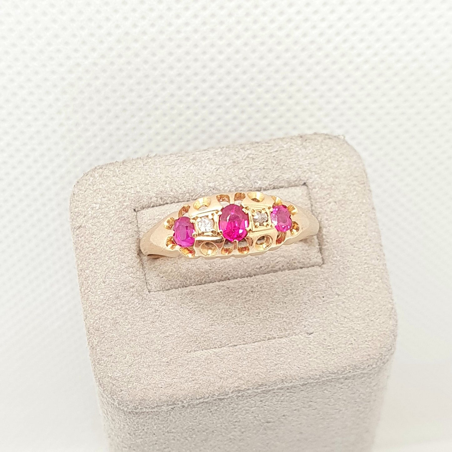Antique 18ct 18k Gold Ruby & Diamond Ring Vintage Solid 750 Gypsy Trilogy 3 Stone Gemstone Yellow Art Nouveau Womens Jewelry Jewellery