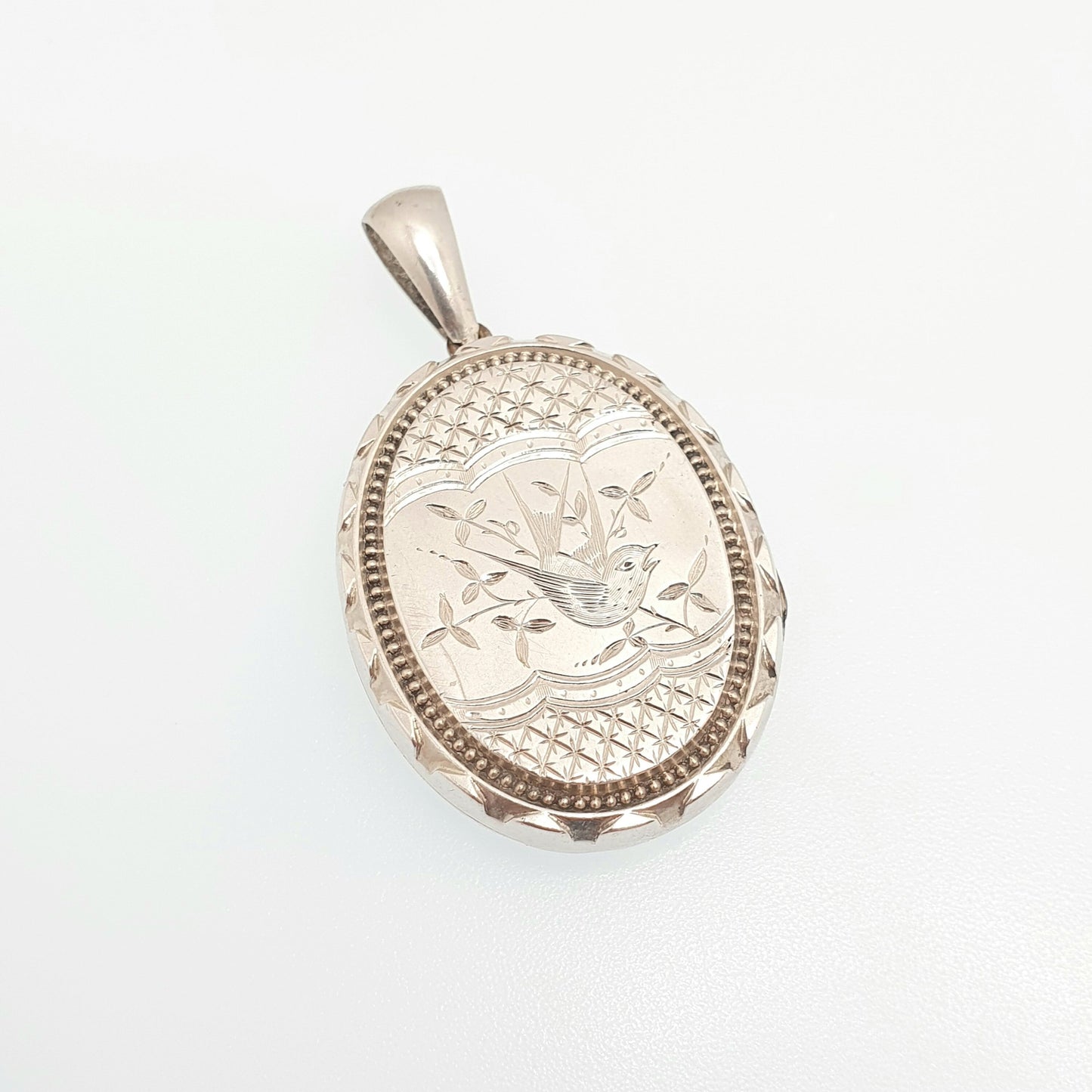 Antique Victorian Sterling Silver Locket Bird Engraved Geometric Pendant Picture Photo Etruscan Stepped Vintage Womens Jewelry Jewellery
