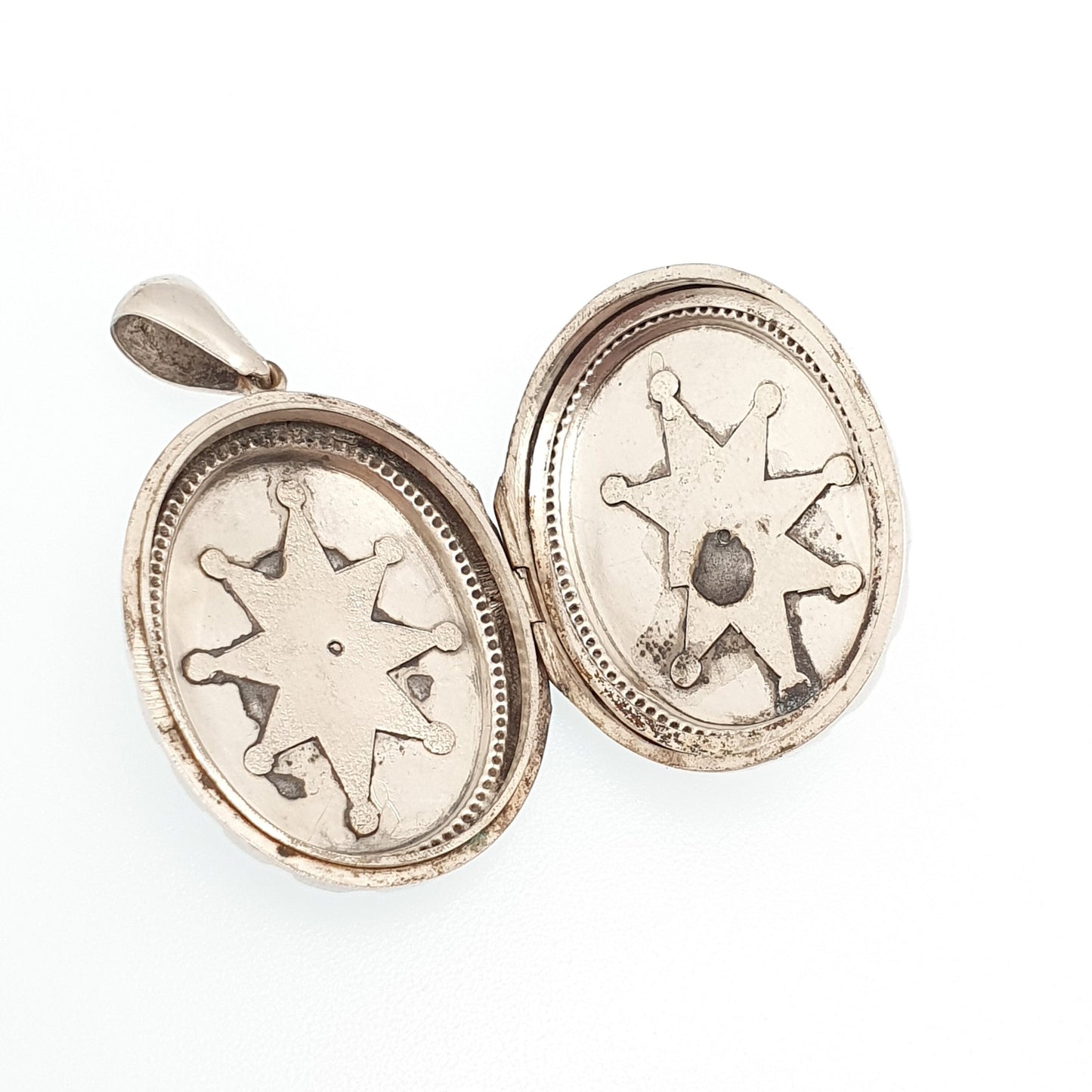 Antique Victorian Sterling Silver Locket Bird Engraved Geometric Pendant Picture Photo Etruscan Stepped Vintage Womens Jewelry Jewellery