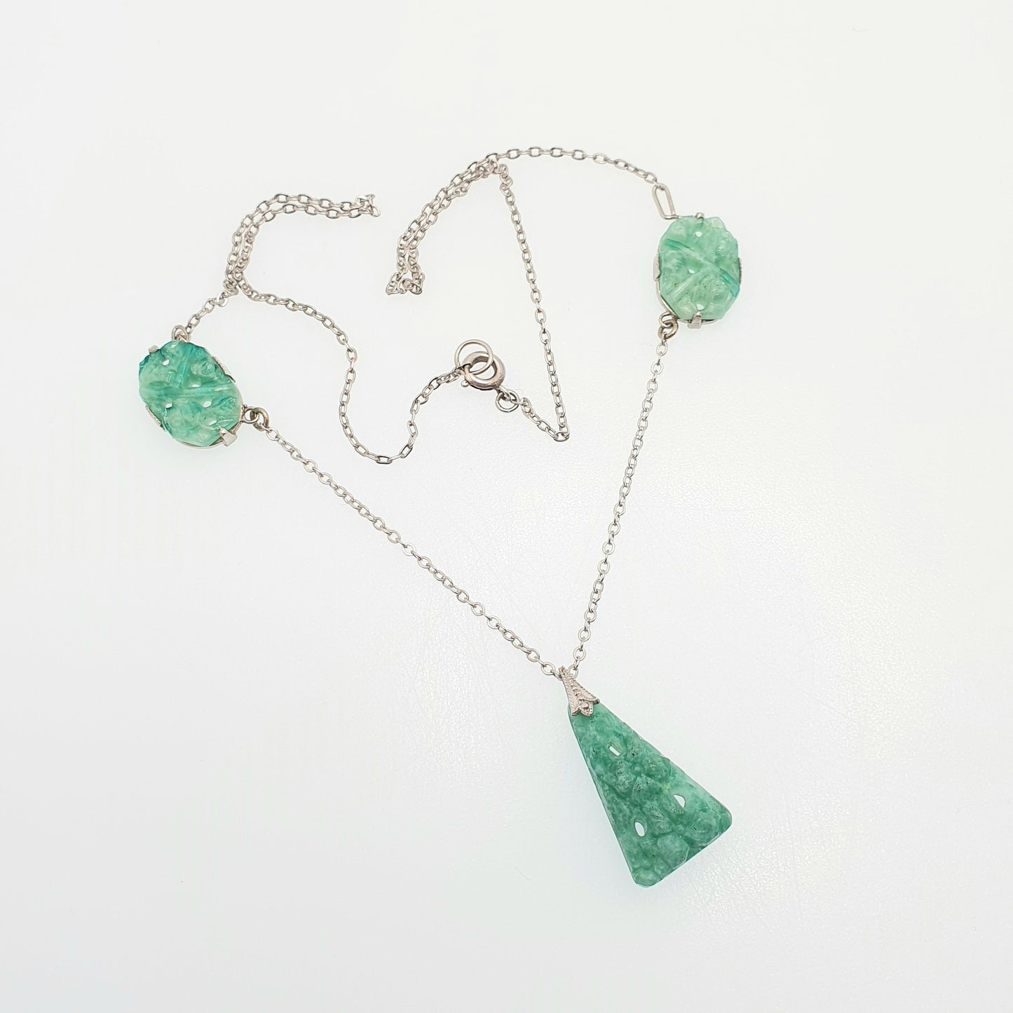 Antique Sterling Silver Peking Glass Jade Necklace Art Deco Lavalier 42cm 6.98g Pendant Vintage Solid 925 Womens Jewelry Jewellery