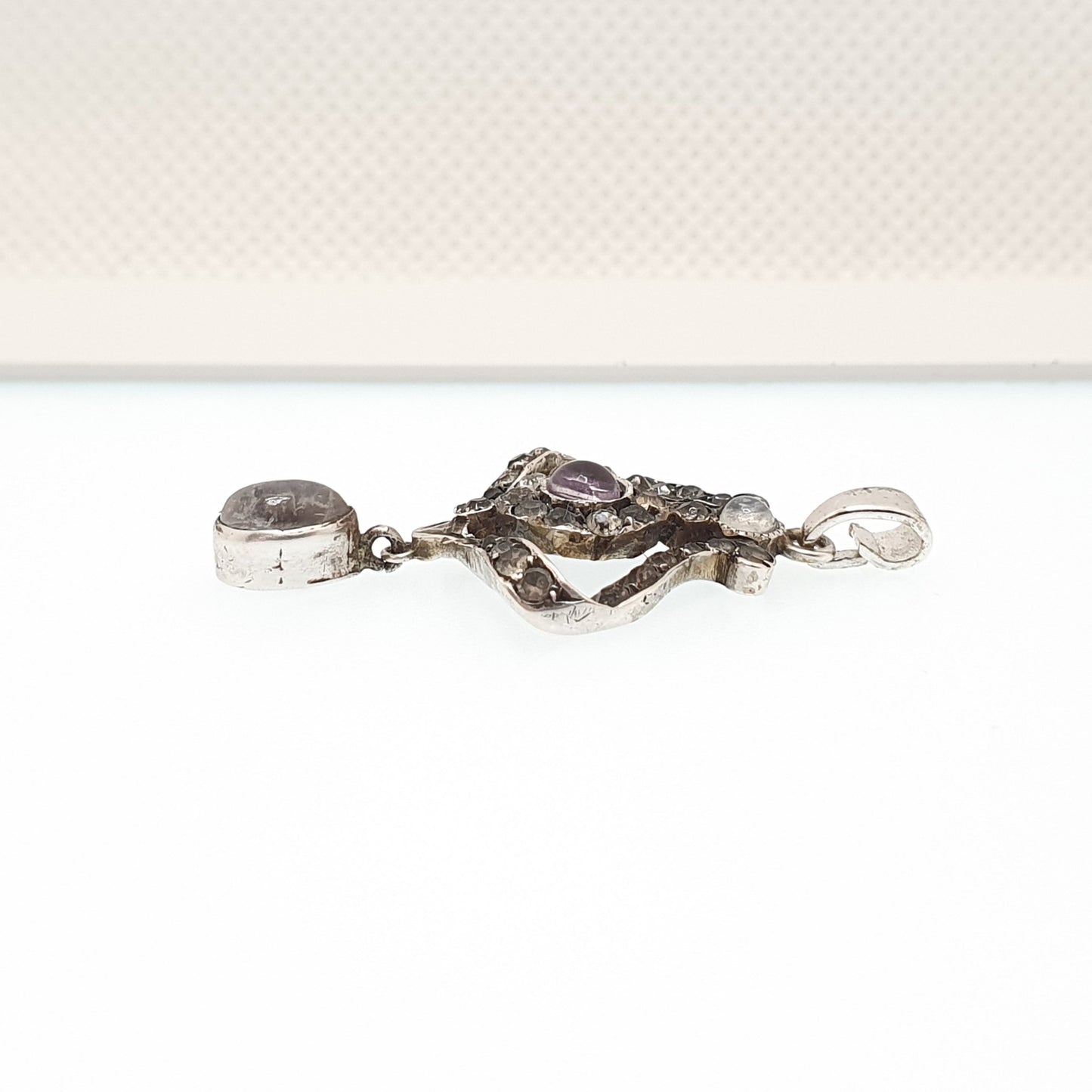 Antique Solid Silver Moonstone Necklace Pendant Diamond Paste Edwardian Amethyst Rare Fine Gemstone Adularescence Womens Jewelry Jewellery