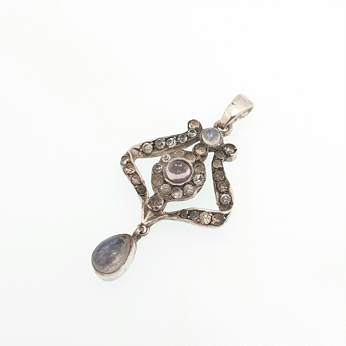 Antique Solid Silver Moonstone Necklace Pendant Diamond Paste Edwardian Amethyst Rare Fine Gemstone Adularescence Womens Jewelry Jewellery