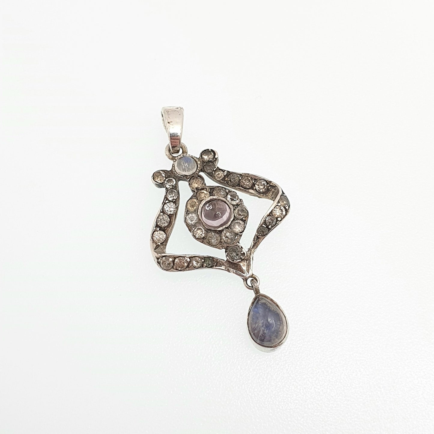 Antique Solid Silver Moonstone Necklace Pendant Diamond Paste Edwardian Amethyst Rare Fine Gemstone Adularescence Womens Jewelry Jewellery