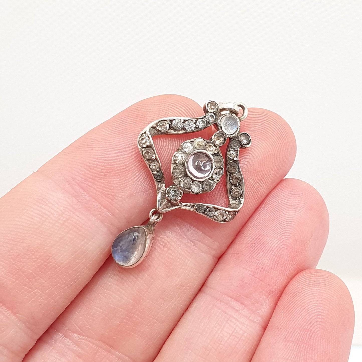 Antique Solid Silver Moonstone Necklace Pendant Diamond Paste Edwardian Amethyst Rare Fine Gemstone Adularescence Womens Jewelry Jewellery