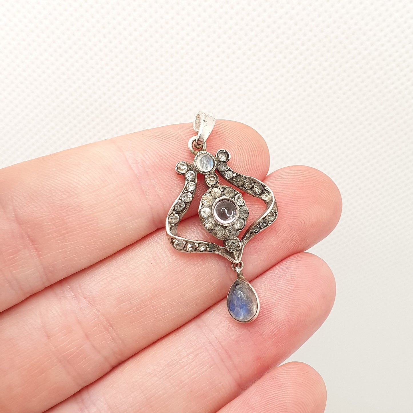 Antique Solid Silver Moonstone Necklace Pendant Diamond Paste Edwardian Amethyst Rare Fine Gemstone Adularescence Womens Jewelry Jewellery