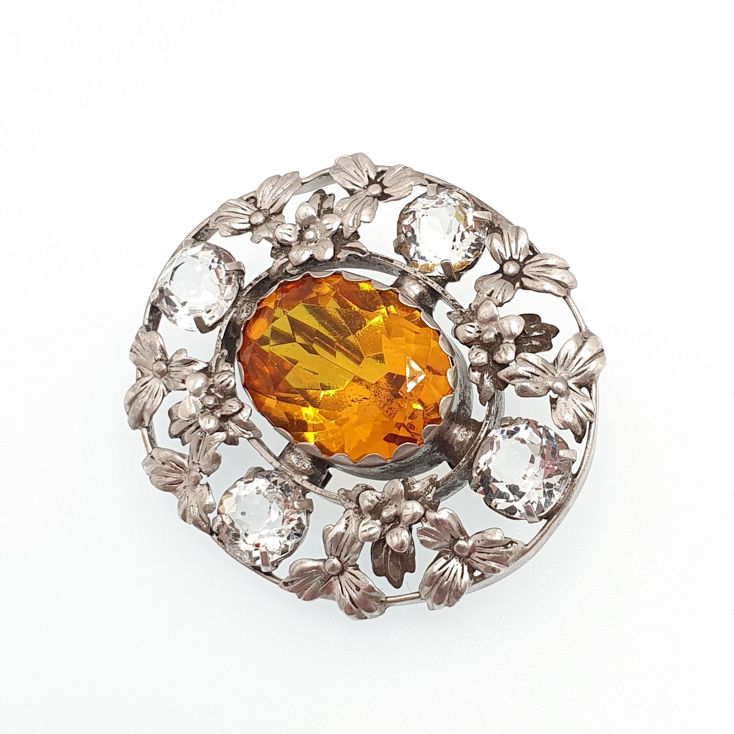 Antique Solid Silver Citrine Paste Brooch Bernard Instone Style Diamond Pastes Art Nouveau Large Big Flower Oval Cut Vintage Jewelry