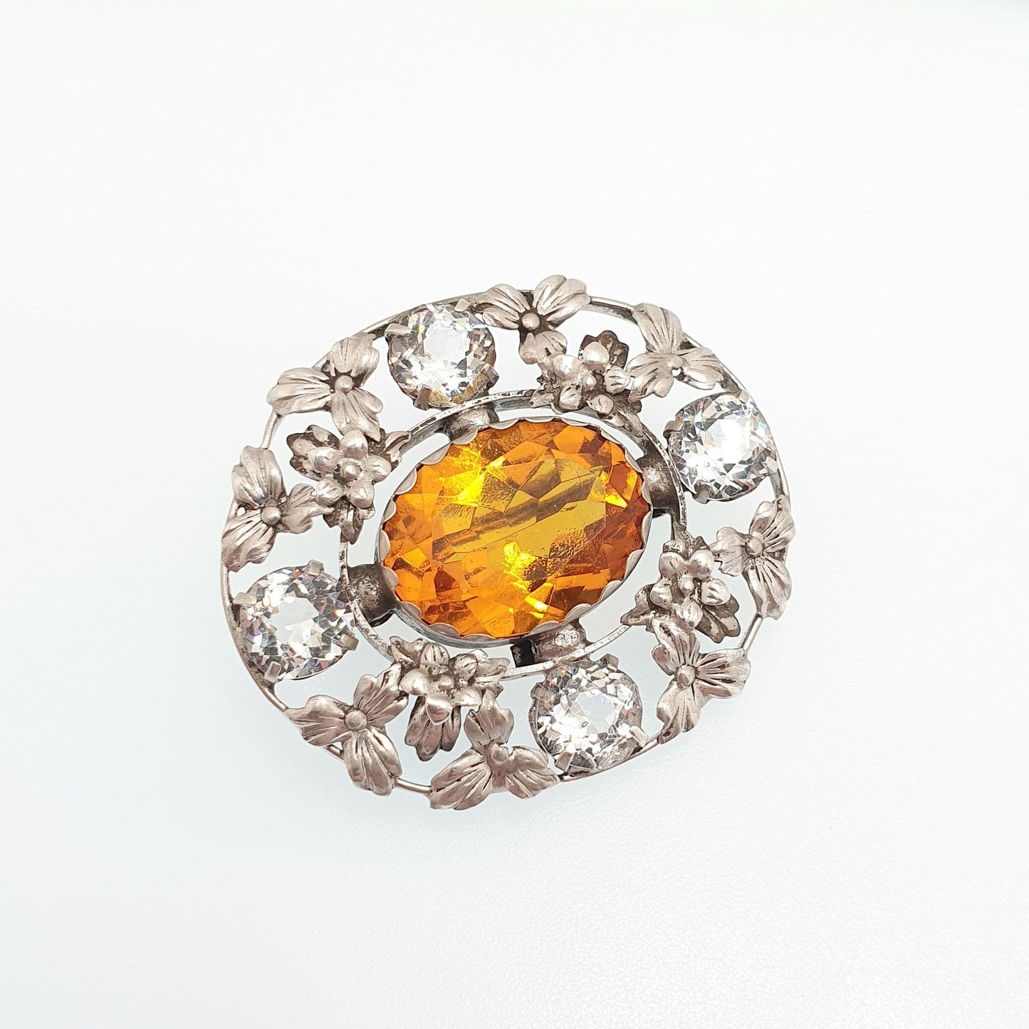 Antique Solid Silver Citrine Paste Brooch Bernard Instone Style Diamond Pastes Art Nouveau Large Big Flower Oval Cut Vintage Jewelry