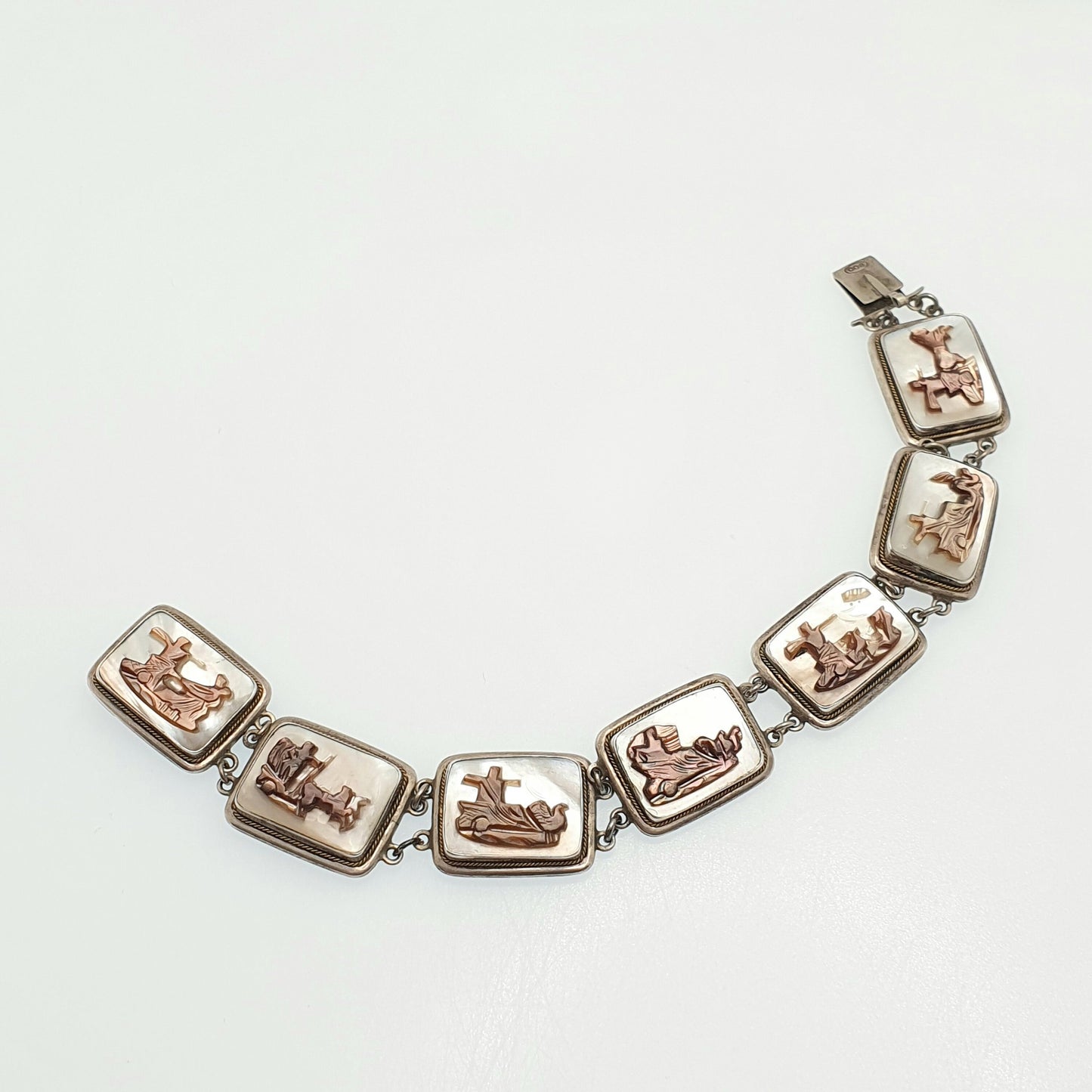 Antique Solid Silver Cameo Bracelet Abalone Art Deco Vintage 1920s Shell Hand Carved Handmade Artisan Womens Italian Jewelry Jewellery