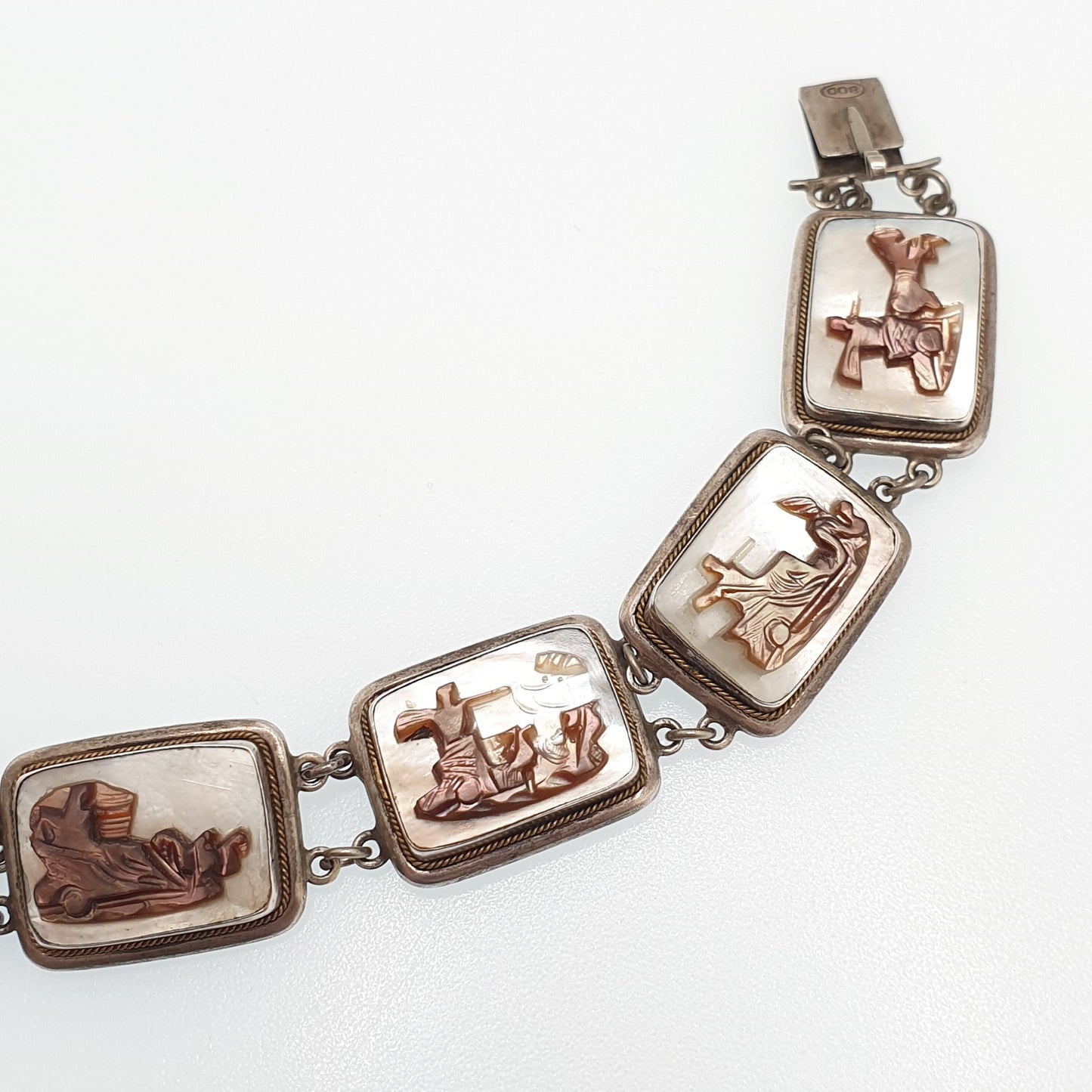Antique Solid Silver Cameo Bracelet Abalone Art Deco Vintage 1920s Shell Hand Carved Handmade Artisan Womens Italian Jewelry Jewellery