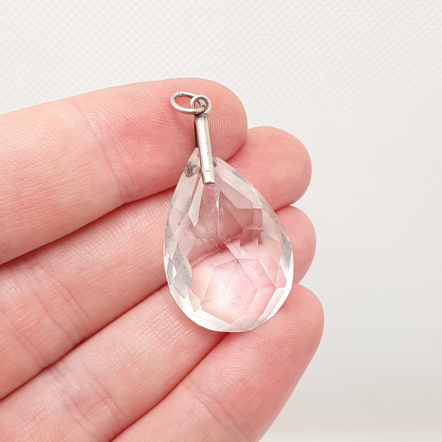 Antique Rock Crystal Quartz Solid Silver Pendant Necklace Art Deco Large Big Faceted 1920s Gemstone Clear Style Womens Jewelry Jewellery