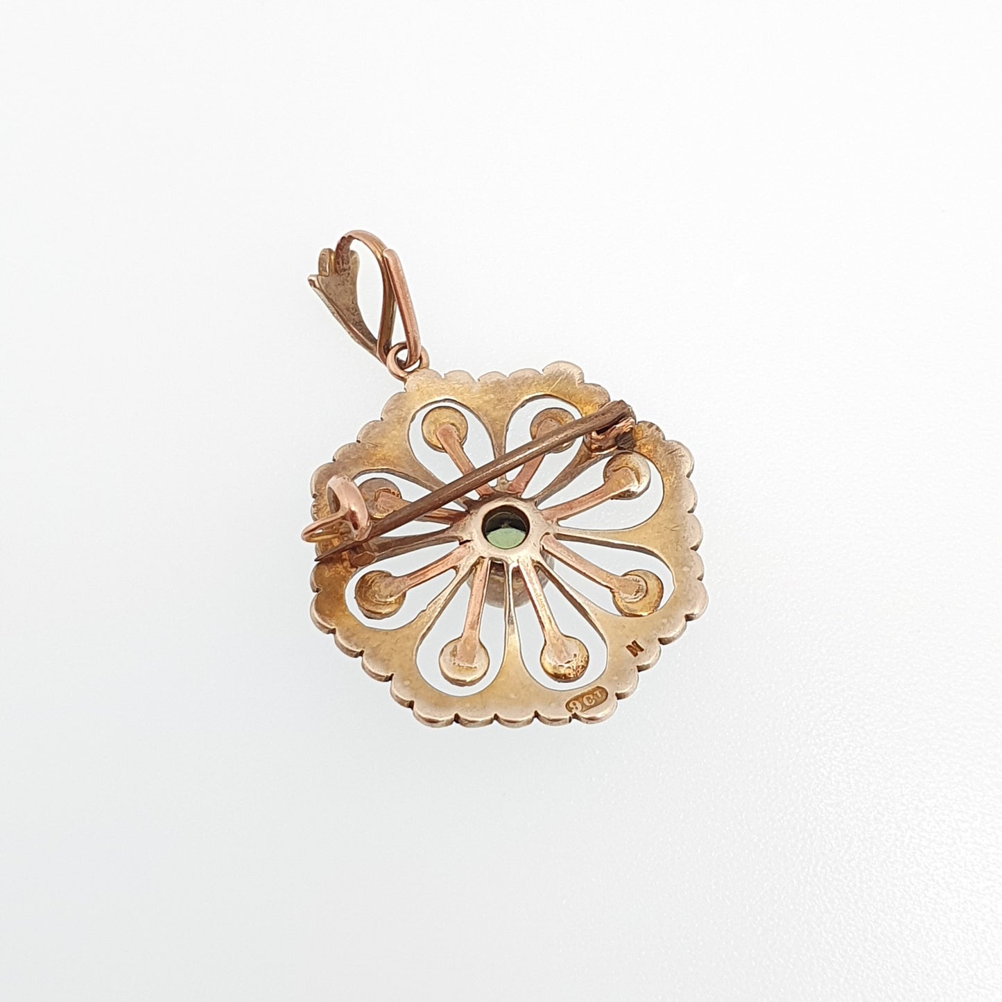 Antique 9k 9ct Gold Peridot Olivine Necklace Pendant Brooch Seed Pearl Flower Art Nouveau Edwardian Solid 375 Elegant Jewelry Jewellery
